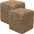 REDEARTH · Cube Pouf Foot Stool Ottoman - Jute Braided Pouffe Poof Accent Sitting Footrest for The Living Room, Bedroom, Nursery, Lounge 50% Jute 50% Cotton Set of 2 (14.5'X14.5'X16'; Natural Black)