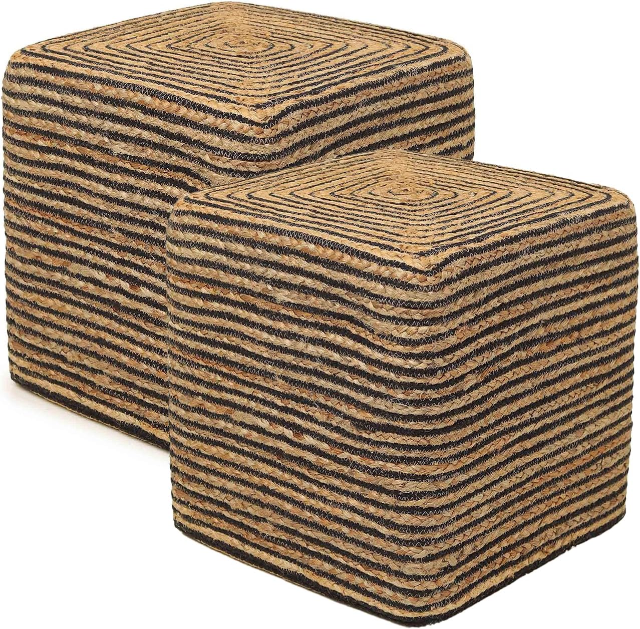 REDEARTH · Cube Pouf Foot Stool Ottoman - Jute Braided Pouffe Poof Accent Sitting Footrest for The Living Room, Bedroom, Nursery, Lounge 50% Jute 50% Cotton Set of 2 (14.5'X14.5'X16'; Natural Black)