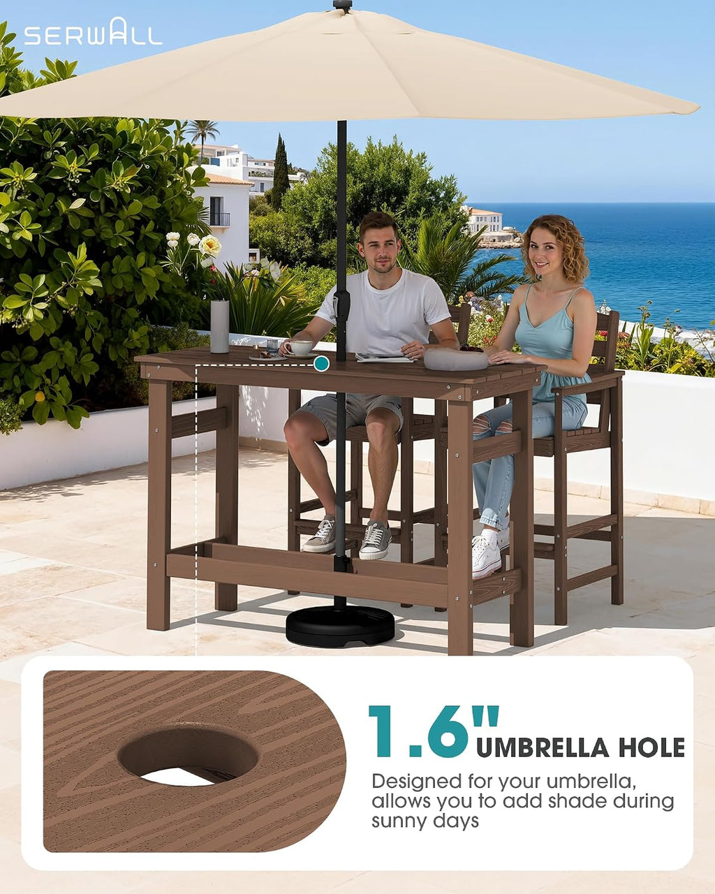 SERWALL Outdoor Bar Set - 4 Adirondack Bar Chairs & Bar Height Table with 1.6' Umbrella Hole, All-Weather HDPE Patio Furniture for Poolside, Backyard, Garden - Brown