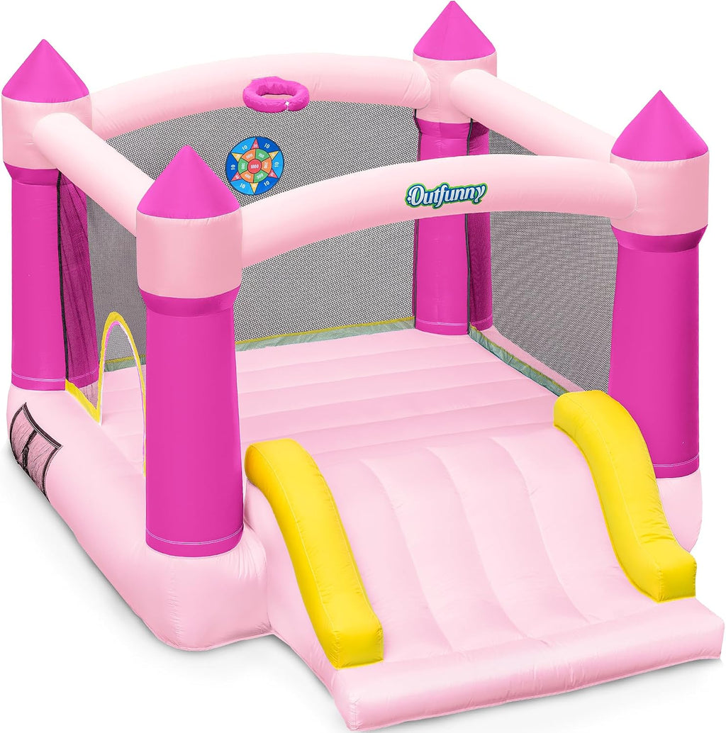 Outfunny Bounce House with Slide, Inflatable Bouncy House for Kids 3-12, Outdoor&Indoor, Bounce Area 8'x8', Capacity 400 lb - Pink