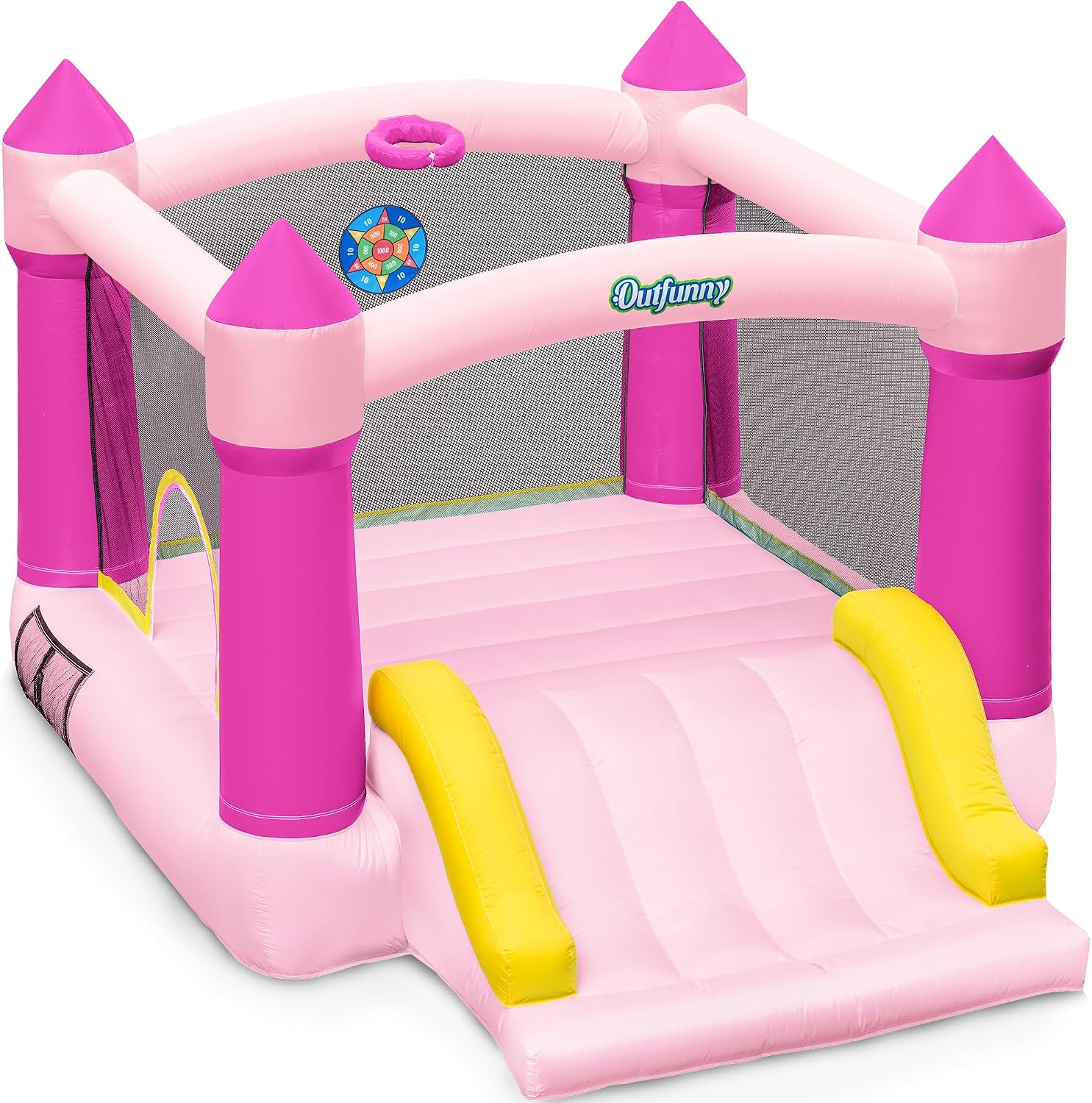 Outfunny Bounce House with Slide, Inflatable Bouncy House for Kids 3-12, Outdoor&Indoor, Bounce Area 8'x8', Capacity 400 lb - Pink
