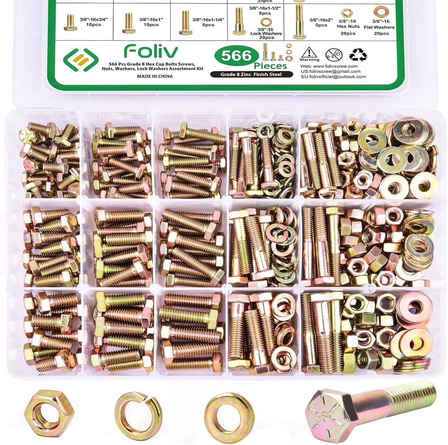 Krixis 566Pcs Heavy Bolts and Nuts Assortment Kit, Grade 8 Hex Screws Bol...