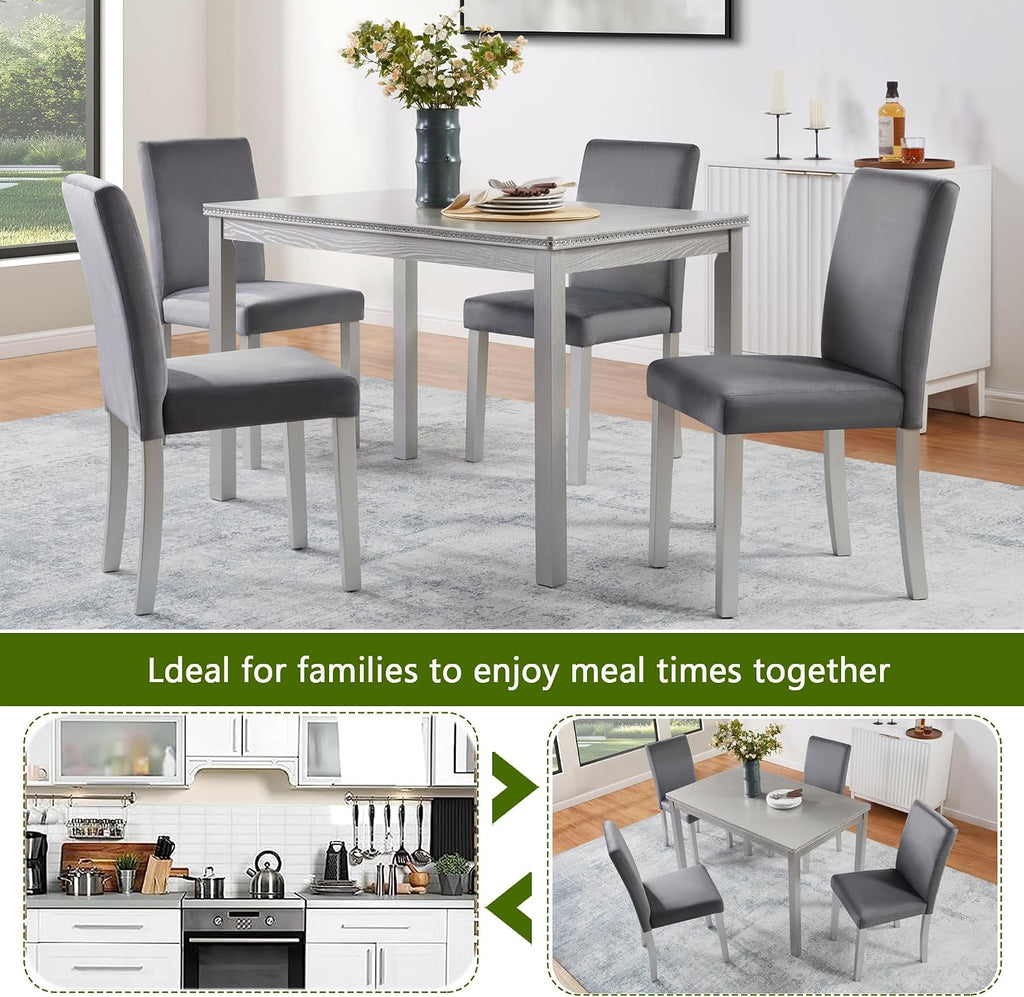LUMISOL 5 Piece Wooden Dining Table Set, Farmhouse Kitchen Table Set with 4 Upholstered Chairs, Dining Room Table with Crystal Decoration and Chairs Set for Kitchen, Dining Room, Sliver Grey