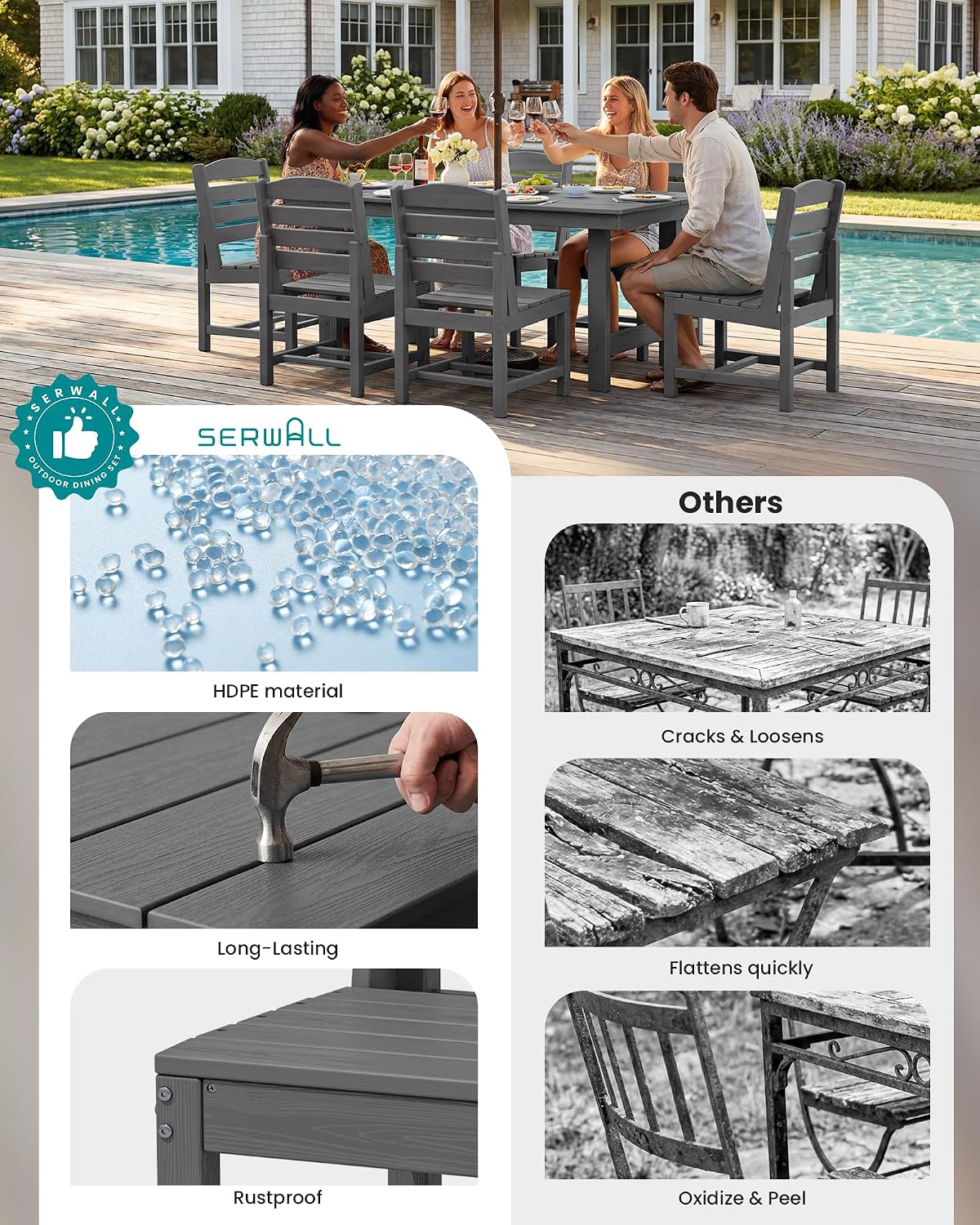 SERWALL Patio Dining Sets for 10 Person, HDPE Dining Set with 2 Tables, 8 Armless Chairs and 2 Armed Dining Chairs, Gray