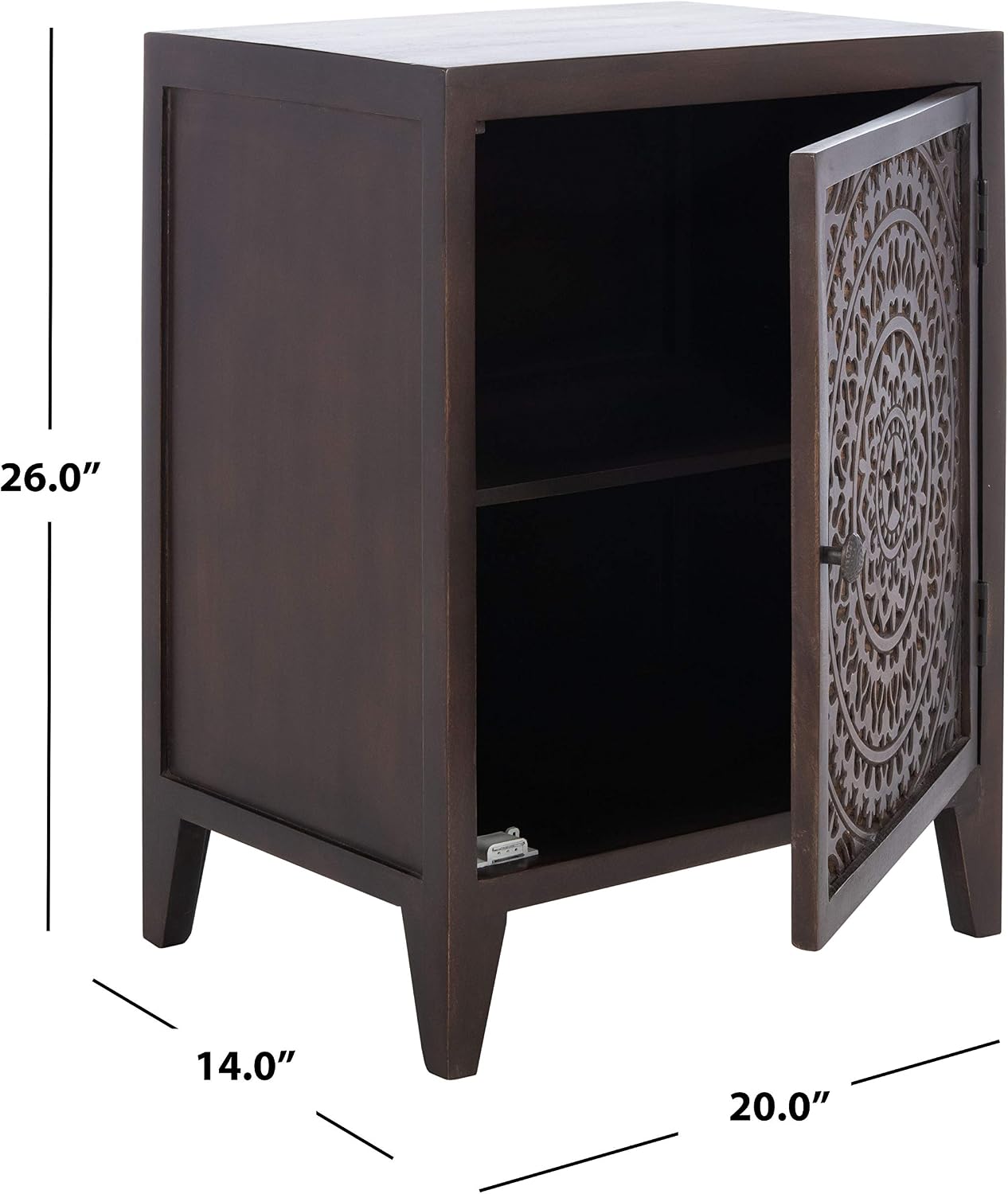 SAFAVIEH Furniture - Thea 1-Door Carved Nightstand - Brown - Mango Wood - Artisan Global Design - Ideal for Bedroom, 20'W x 14'D x 26'H - Fully Assembled (NST5300A)