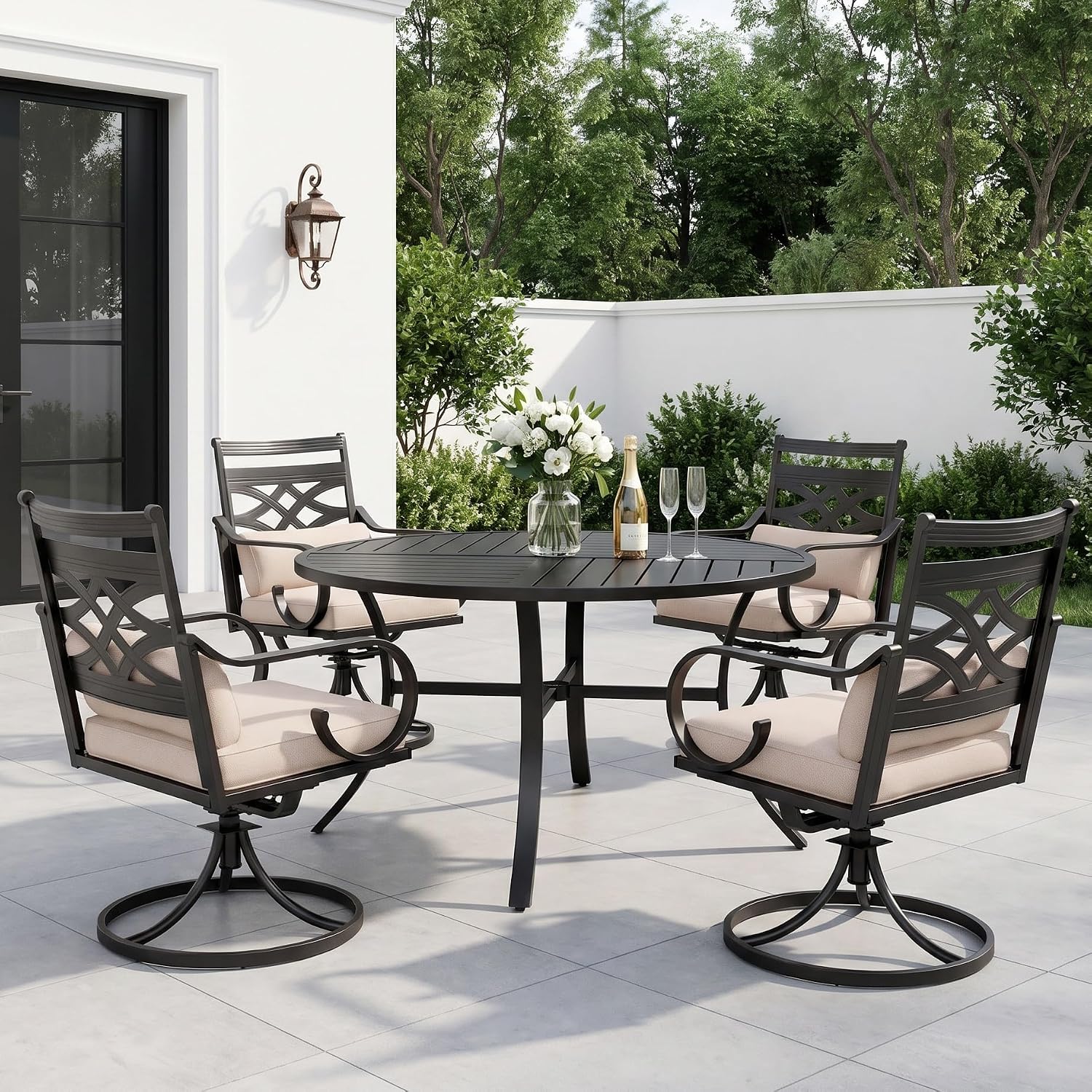 Sophia and William Swivel Patio Dining Set for 4, Outdoor Table and Chairs, Removable Seat Cushions, Black 42' Round Patio Dining Table
