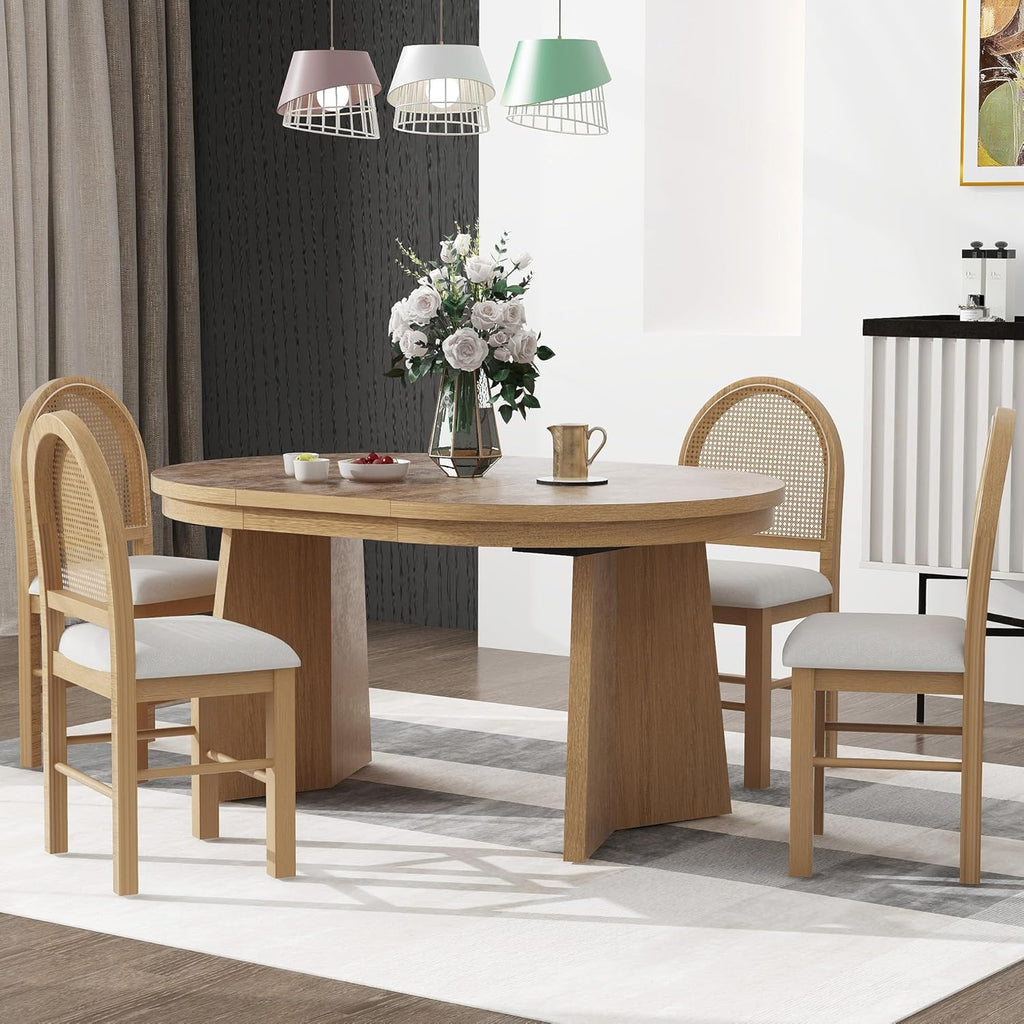 Merax Extendable Round Dining Table Set for 4, Wooden Construction with Upholstered Chairs with Rattan Backrests, Retro Style for Kitchen, Indoor Use, Natural