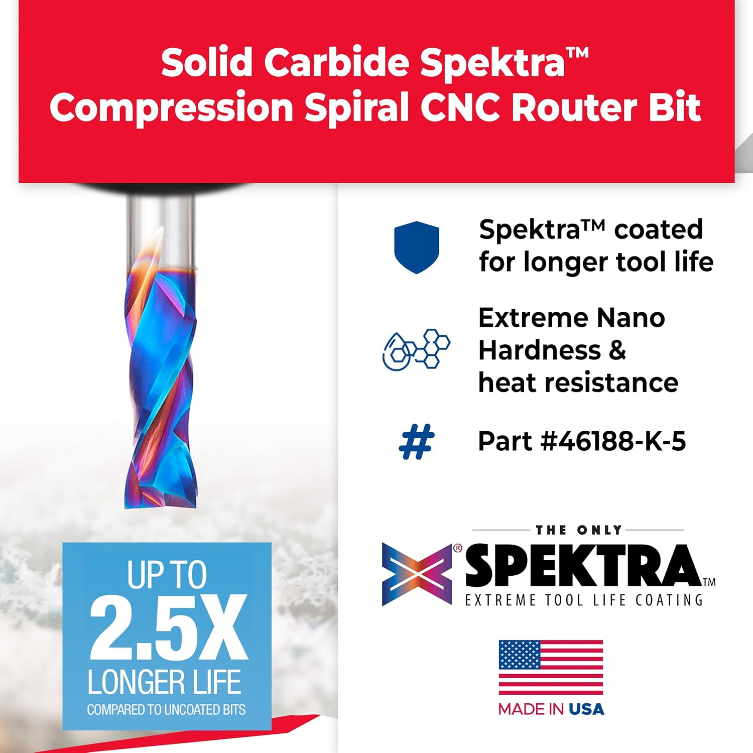 Amana Tool Spektra Extreme Tool Life Solid Carbide CNC Compression Spiral Router Bit, 46188-K-5 5-Pack, 1/2 D x 1-1/4 CH x 1/2 Shk x 3 Inch L 2 Flute