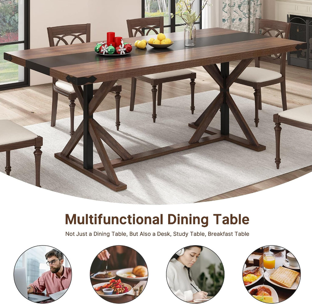Hlivelood 71 Inch Dining Table for 6 People, Rectangular Kitchen Farmhouse Table W/Thickness Waterproof Wood Tabletop,Long Dining Room Tables W/Wood Strip Base for Kitchen Living Room(BR)