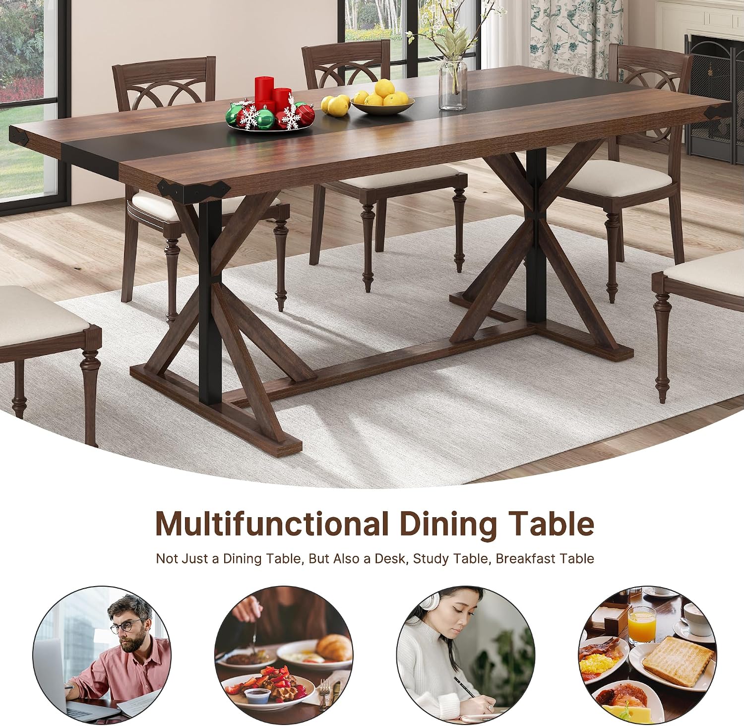 Hlivelood 71 Inch Dining Table for 6 People, Rectangular Kitchen Farmhouse Table W/Thickness Waterproof Wood Tabletop,Long Dining Room Tables W/Wood Strip Base for Kitchen Living Room(BR)