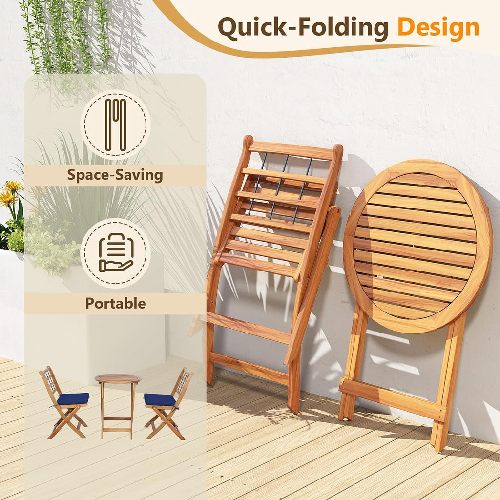 Tangkula 3 Piece Patio Wood Bistro Set, Folding Table Chair Set w/Soft Seat Cushions, Acacia Wood Frame, High-Back Portable Chairs w/Table for Backyard, Poolside (Navy)