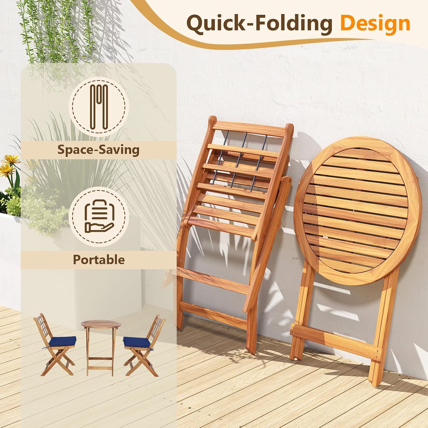 Tangkula 3 Piece Patio Wood Bistro Set, Folding Table Chair Set w/Soft Seat Cushions, Acacia Wood Frame, High-Back Portable Chairs w/Table for Backyard, Poolside (Navy)