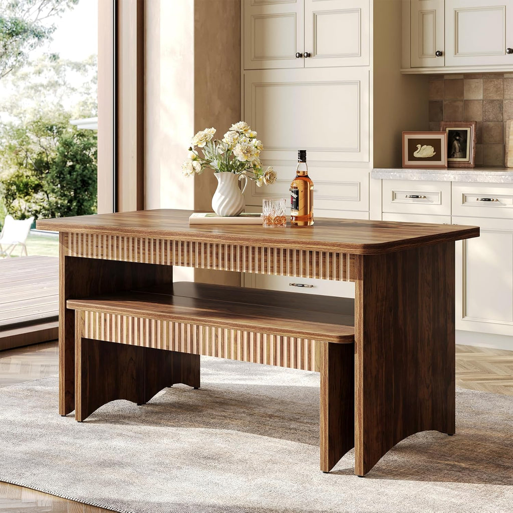 LITTLE TREE 55' Dining Table with 2 Benches, Dining Table Set for 4-6 People, Farmhouse Kitchen Table with Bench, Dining Room Table Set