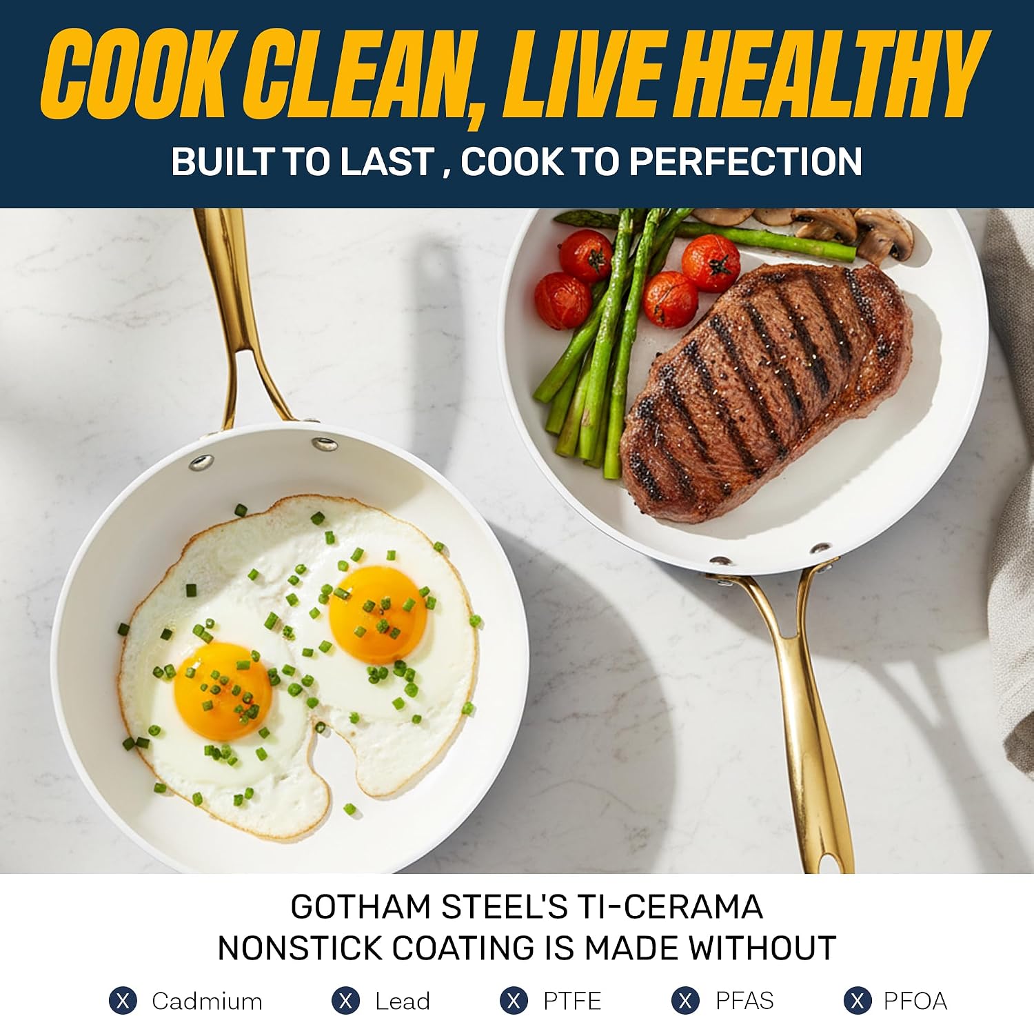 Gotham Steel 20pcs Pots and Pans Set Non Stick Ceramic Cookware Set with Deep Frying Pan Set & 6pc Knife Set, Improved Ti-Cerama Coating Made without PFOA PFOS Lasts 2x Longer, Oven & Dishwasher Safe