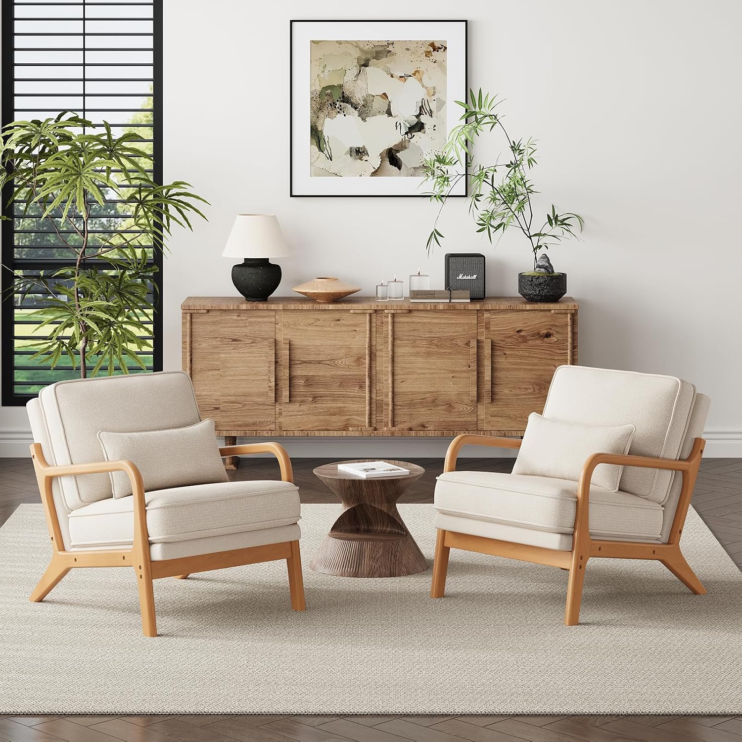 MALOL Mid-Century Accent Chair Set of 2 with Solid Wood Frame, Reading Relaxing Armchair Lumbar Pillow& Soft Cushion, Leisure Chair for Living Room, Bedroom, Waiting Room-Beige