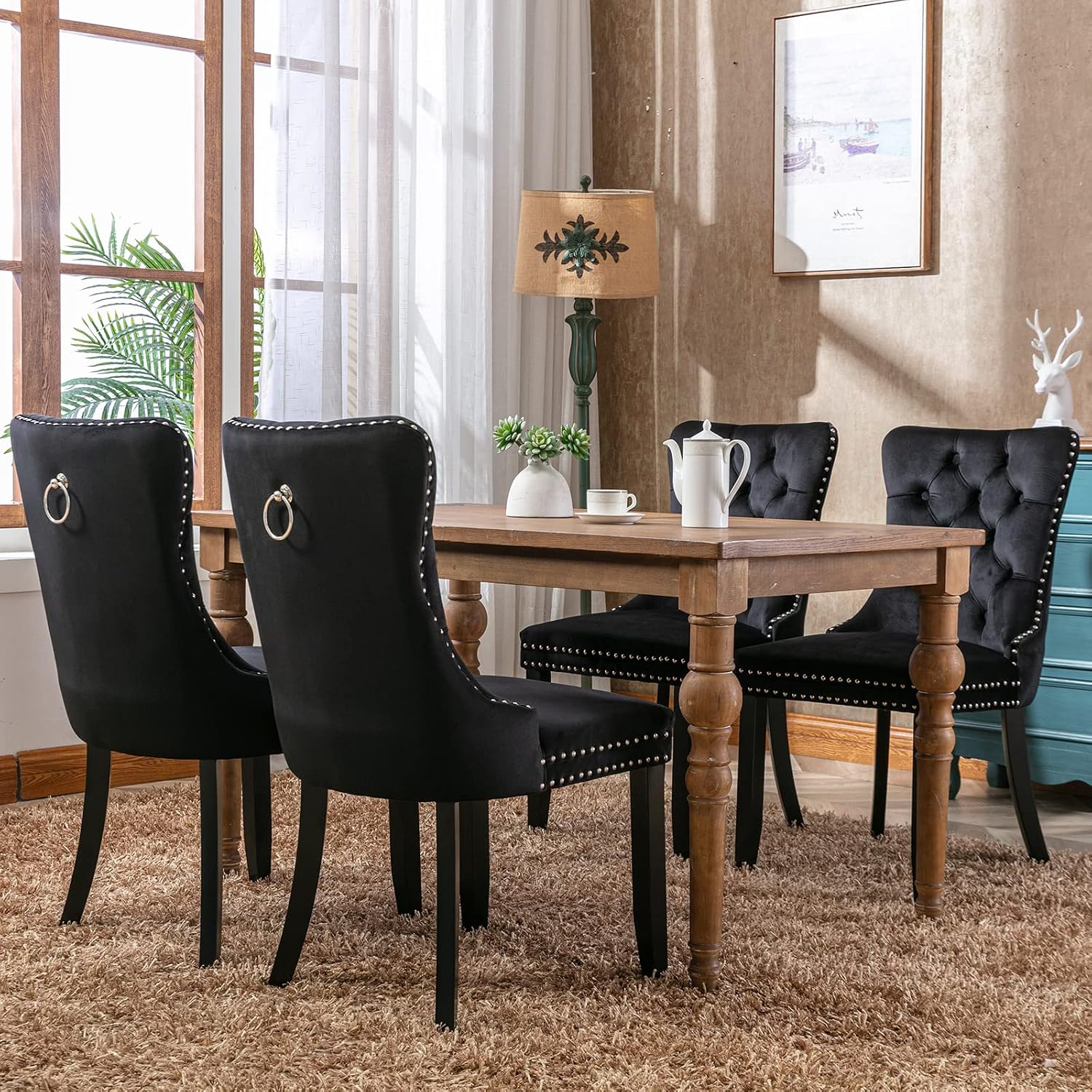 ODUSE-DAILY Black Velvet Dining Chairs Set of 6, Kitchen & Dining Room Chairs, Sillas De Comedor, Nailheads Tufted, Velvet Upholstered, Solid Wood (Black, 6 Pcs)
