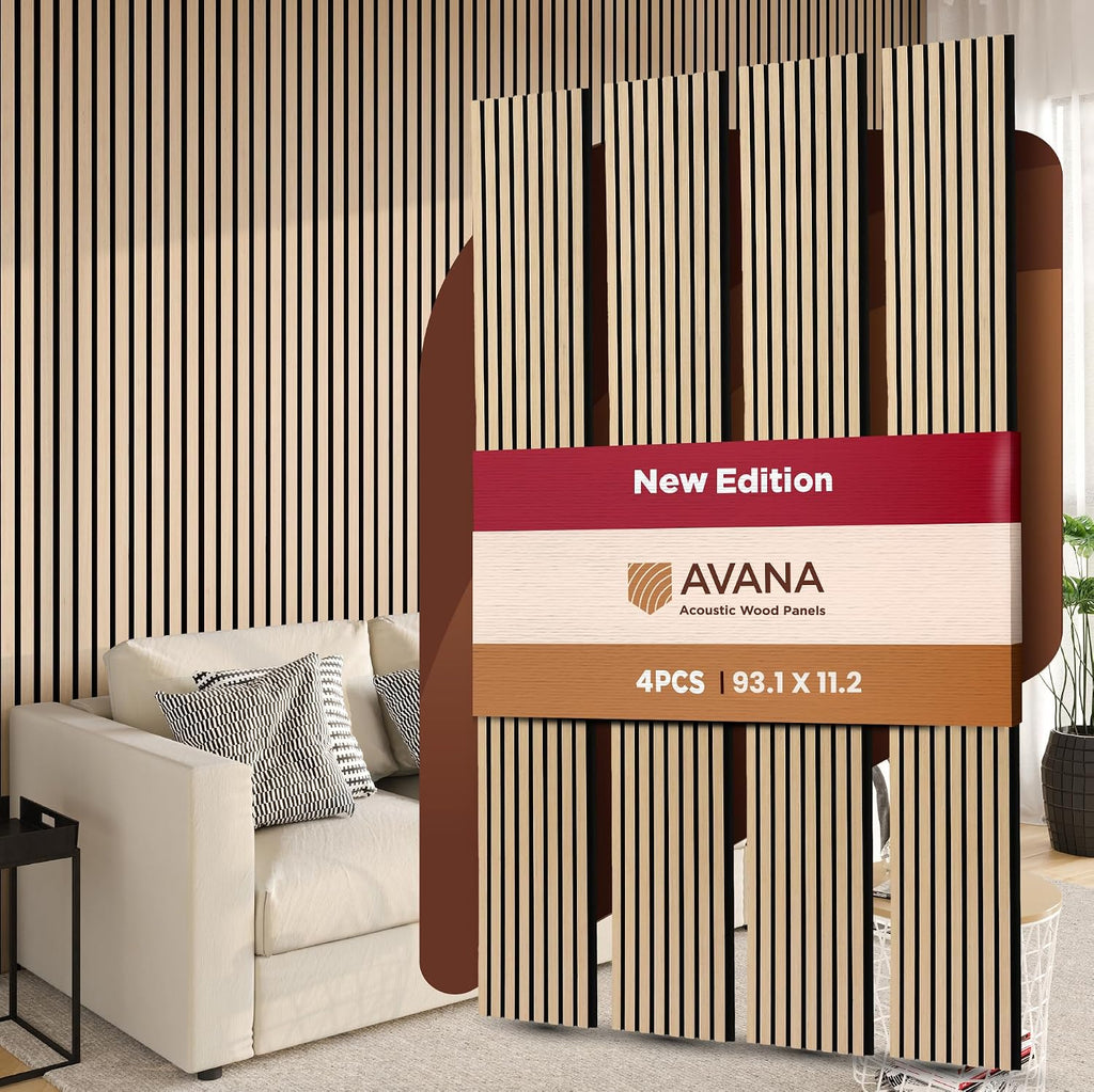 Avana Acoustic Wood Wall Panels – 93.2x11.25 Inch Panels – Fits 94x12 Layout – White Oak Acoustic Panels 4 PCs – Wall Panels for Interior Wall Decor for Homes, Offices – Design Wood Panels for Wall