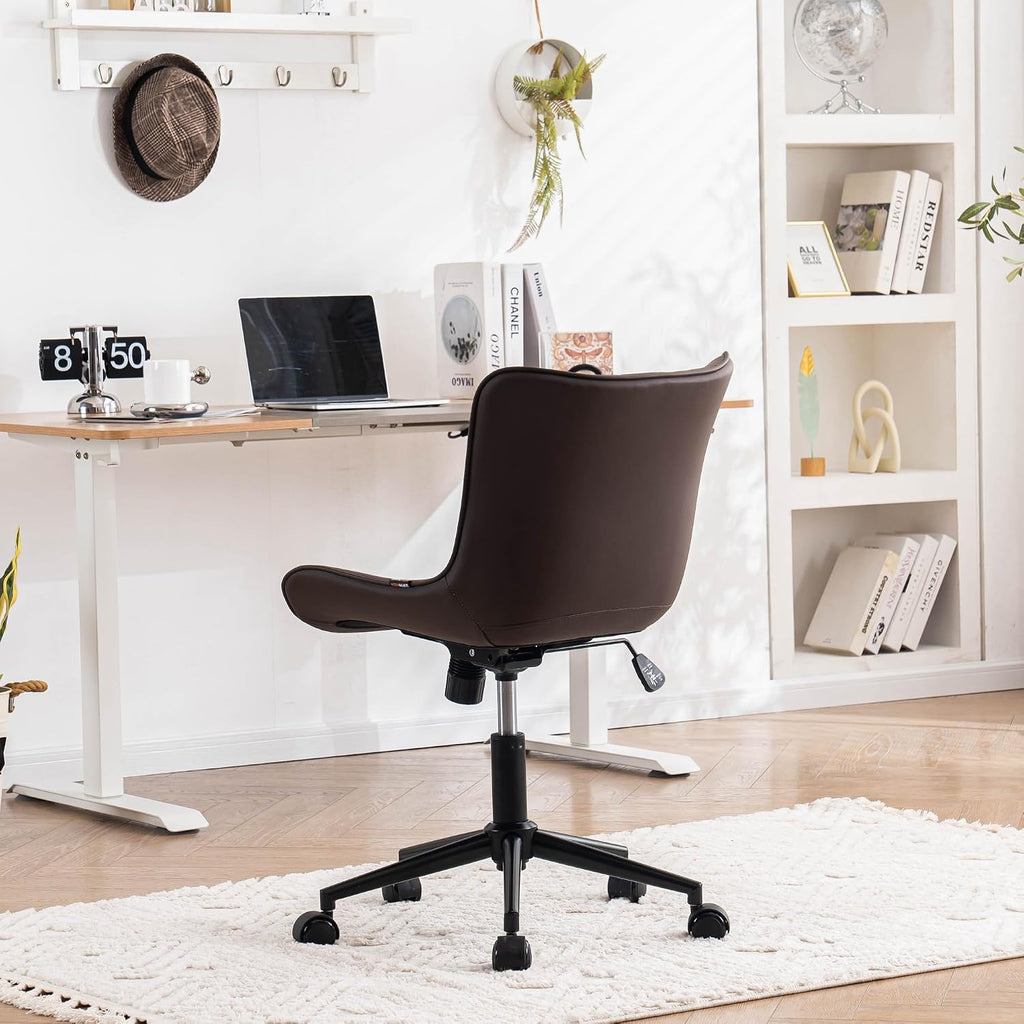 YOUNIKE Ergonomic Home Office Desk Chair with Wheels Comfy Armless Criss Cross Chair with Adjustable Back Modern Leather Upholstered Swivel Vanity Chair Small Cute Rolling Task Chair for Women Brown