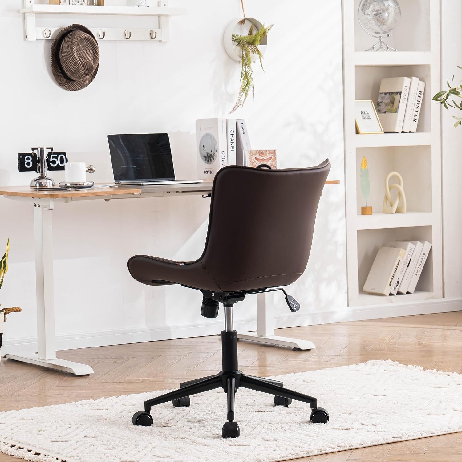 YOUNIKE Ergonomic Home Office Desk Chair with Wheels Comfy Armless Criss Cross Chair with Adjustable Back Modern Leather Upholstered Swivel Vanity Chair Small Cute Rolling Task Chair for Women Brown