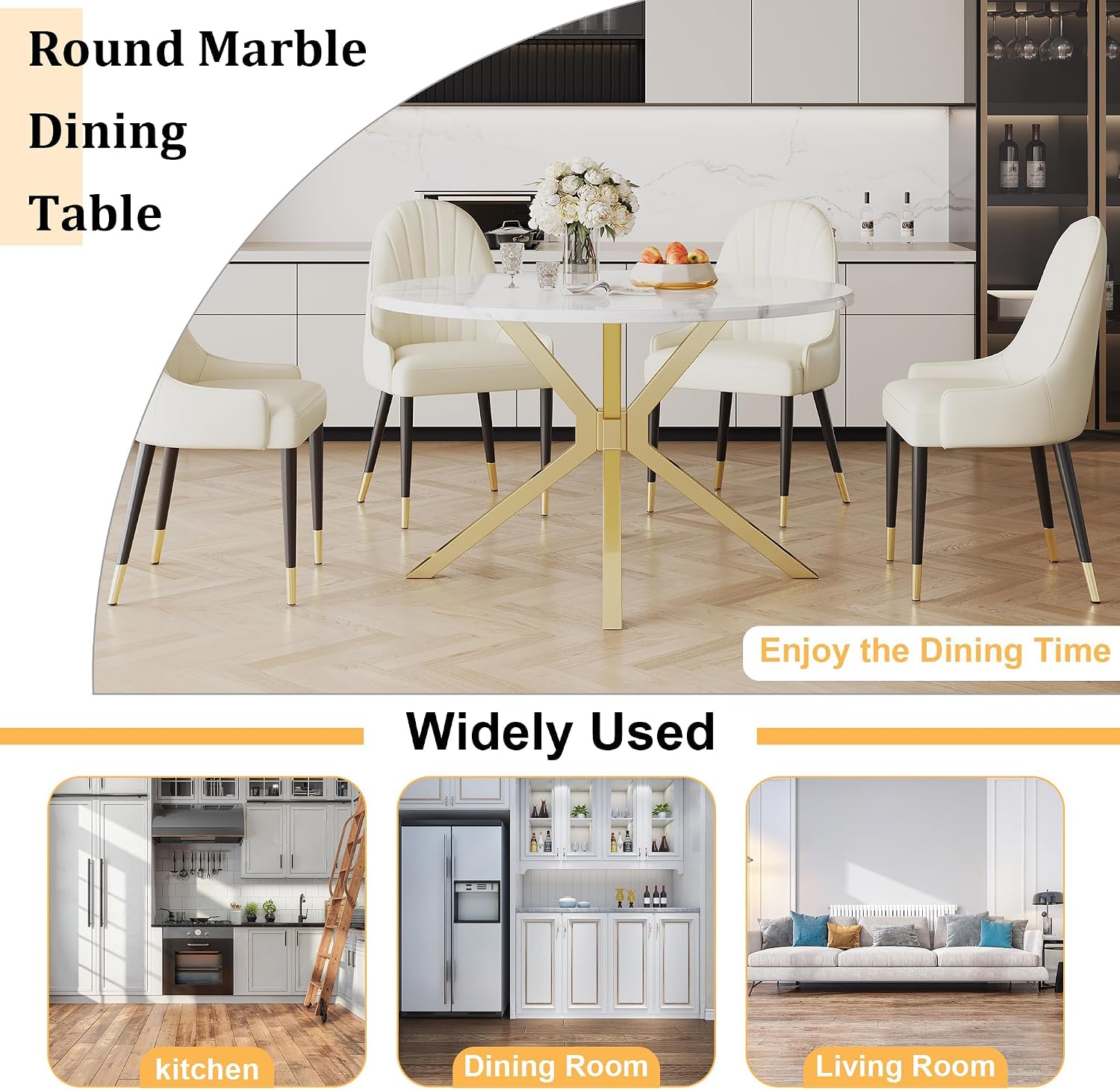 45.28' White Round Marble Dining Table, Circle Dining Room Table with Faux Marble Top & Gold Stainless Steel Leg, Modern Kitchen Table for 2 to 4 Person, Small Round Dinner Table for Dinette Breakfast