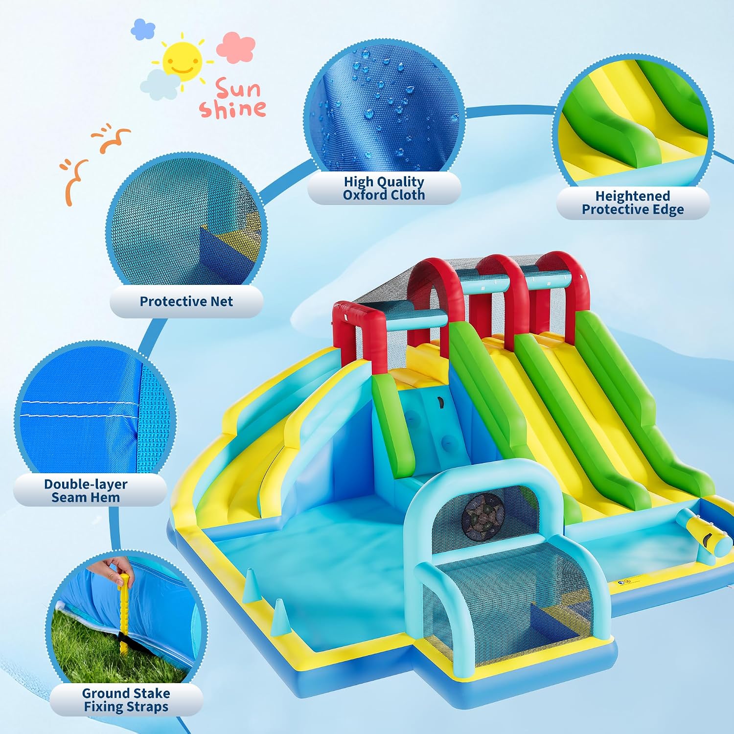 Garvee Inflatable Bounce House, 3 Water Slide Bounce House, Premium Oxford Fabric Bouncy Castle with Blower for Kids, Indoor Outdoor Play Center for Backyard Party & Family Fun