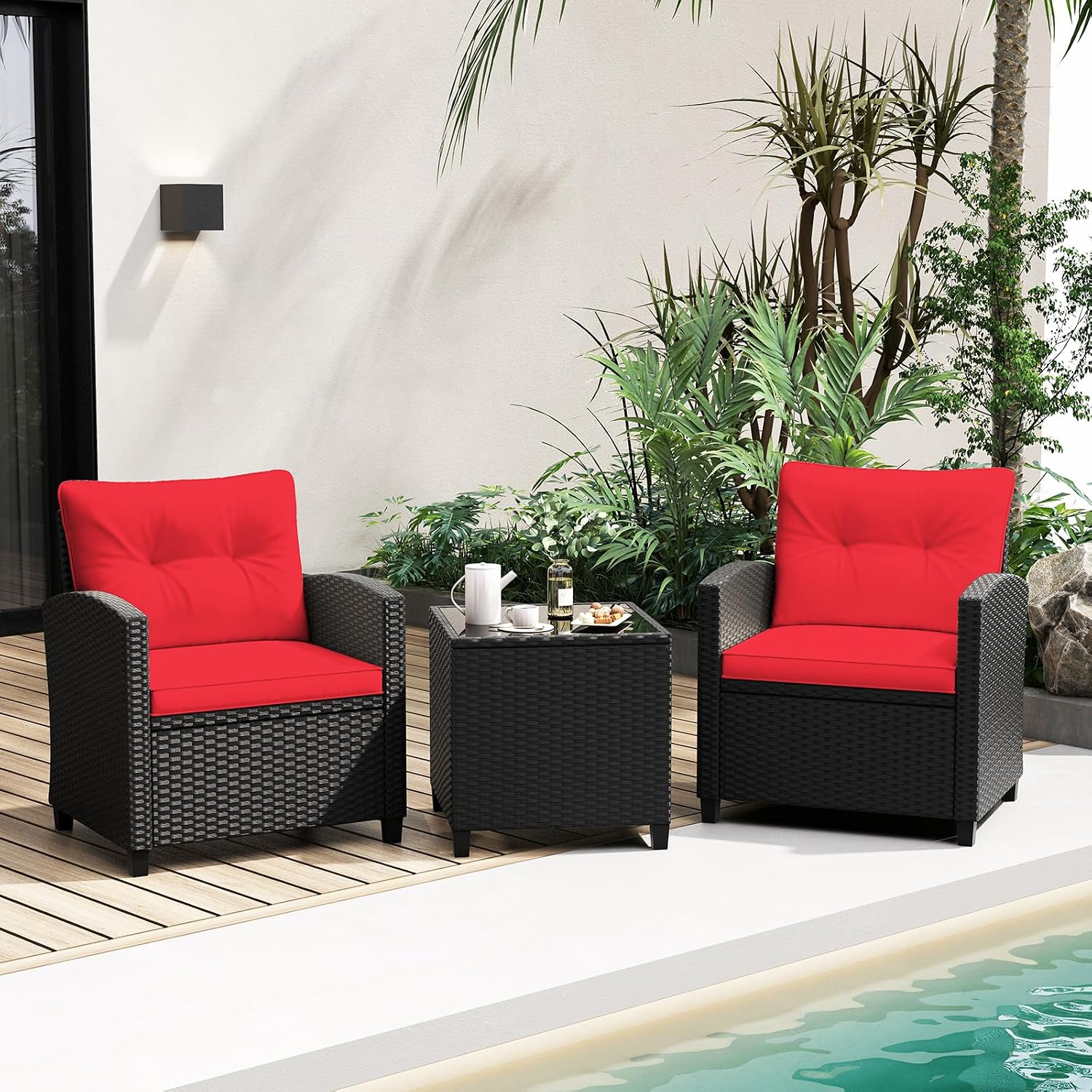 Tangkula 3 Pieces Patio Furniture Set, Rattan Conversation Set w/Soft Seat & Back Cushions, Tempered Glass Topped Coffee Table, Cushioned Wicker Seating for Backyard, Porch, Poolside (Red)