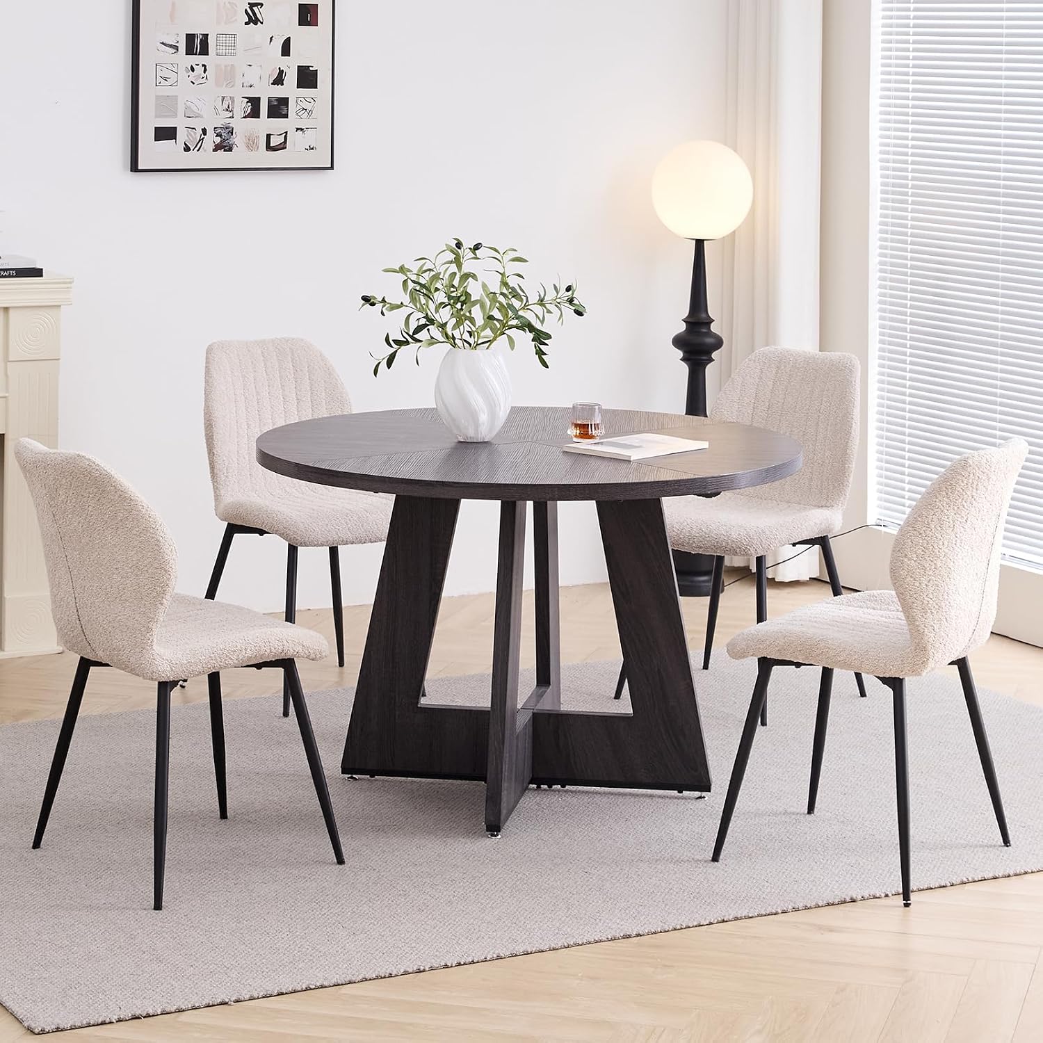 47' Round Dining Table Set for 4 with Chairs Kitchen Table and Chairs Set Mid-Century Modern Chair with Metal Leg for Apartment Living Room(Dark Gray Table with 4 Beige Chairs)