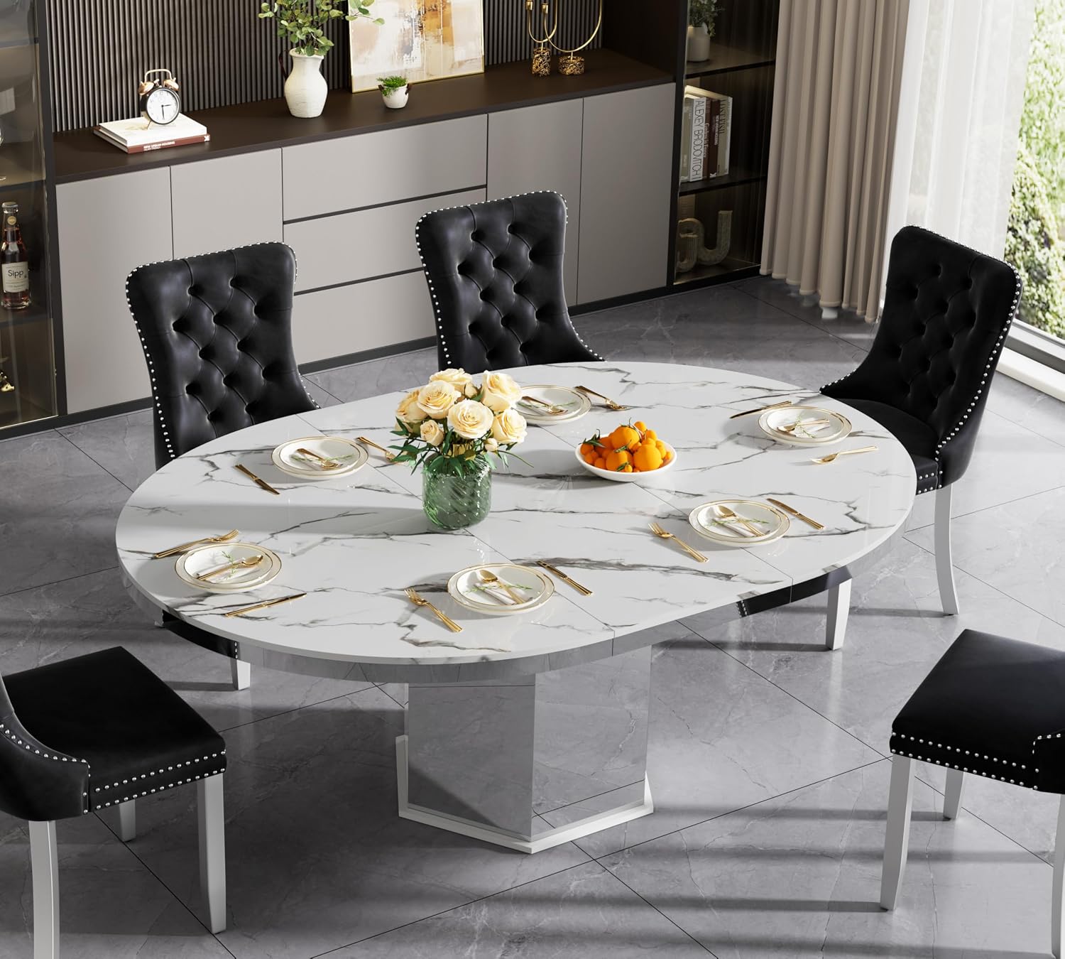 47'-63' Round Extendable Dining Table for 4-6, Modern Expandable Kitchen Table with White Faux Marble Top & Silver Mirrored Hexagon Base, Luxury Faux Marble Dining Room Table for Family Gathering