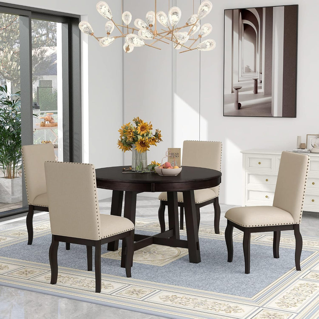 Harper & Bright Designs Kitchen Dining Table Set for 4, Wood Round Extendable Dining Table and 4 Dining Chairs Dining Table Set (Espresso), ST000074AAP-MZJ
