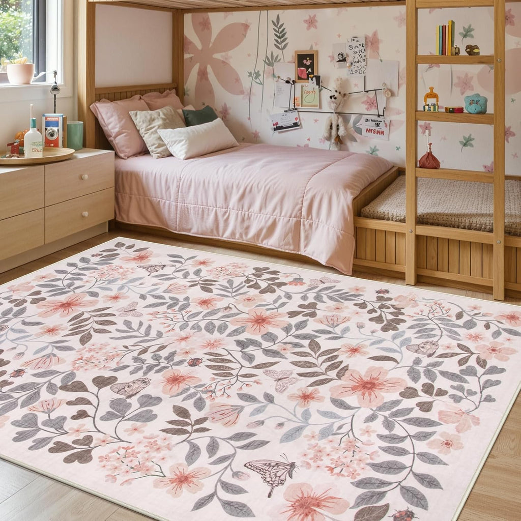 Lahome Reverie 8x10 Fall Floral Area Rugs for Bedroom, Apricot Boho Decor Washable Carpet, Non-Slip Rug for Girls Nursery, Living Room, Dorm, Apartment Decor, Cozy Retreat