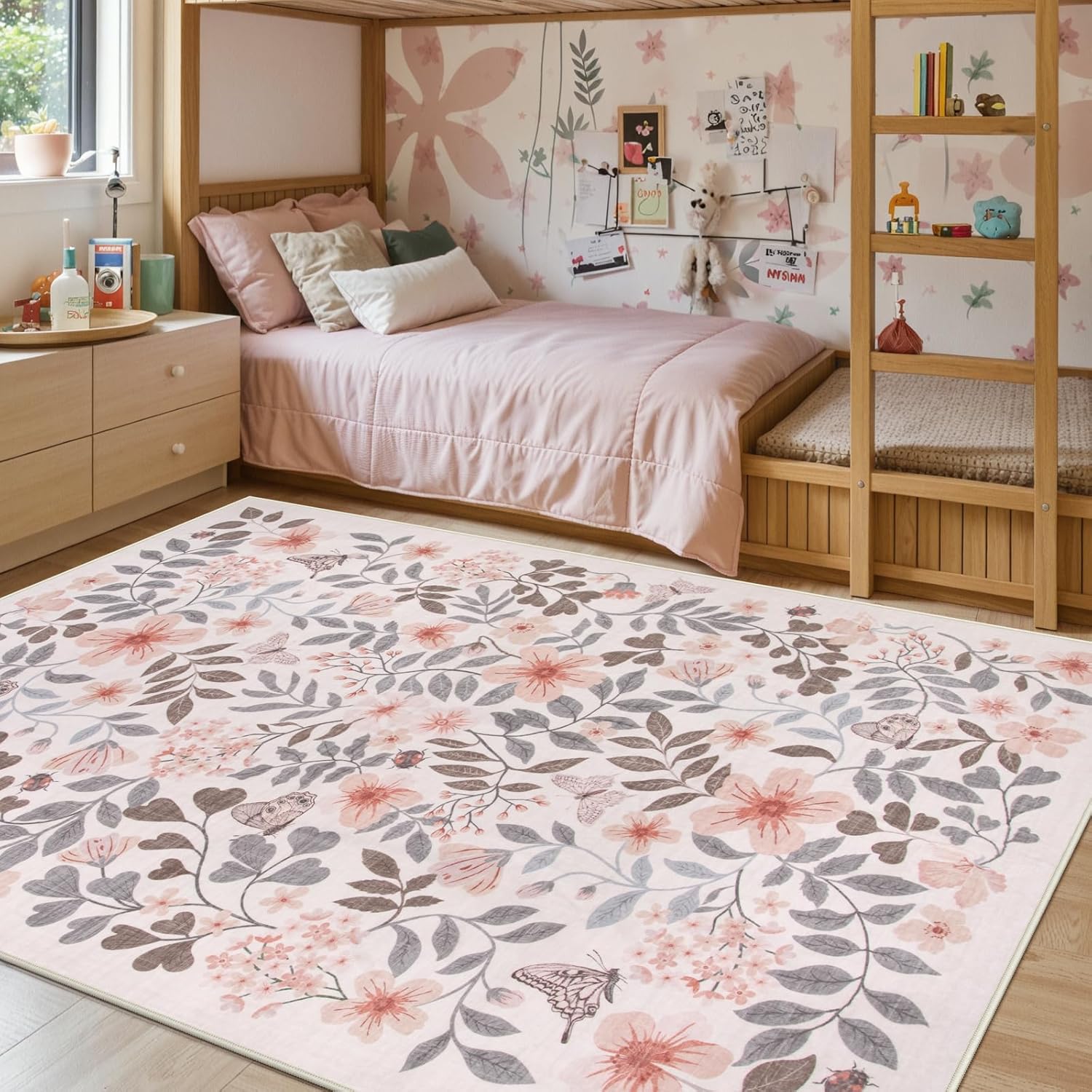 Lahome Reverie 8x10 Fall Floral Area Rugs for Bedroom, Apricot Boho Decor Washable Carpet, Non-Slip Rug for Girls Nursery, Living Room, Dorm, Apartment Decor, Cozy Retreat