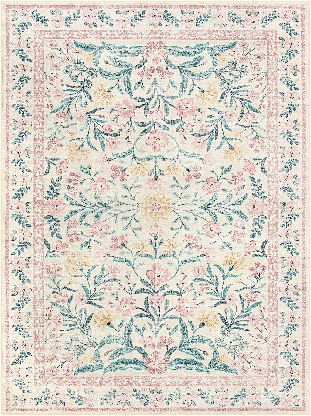 Lahome Sylvie 9x12 Pink Nursery Playroom Rug, Boho Washable Floral Rug for Girl Bedroom Kids Room, Soft Cottage Core Thin Non Slip Carpet for Living Room Guestroom, Blush