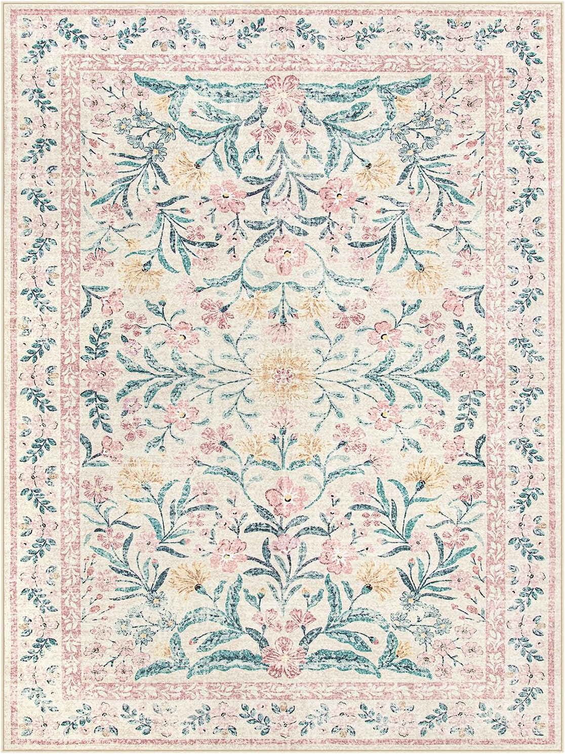 Lahome Sylvie 9x12 Pink Nursery Playroom Rug, Boho Washable Floral Rug for Girl Bedroom Kids Room, Soft Cottage Core Thin Non Slip Carpet for Living Room Guestroom, Blush