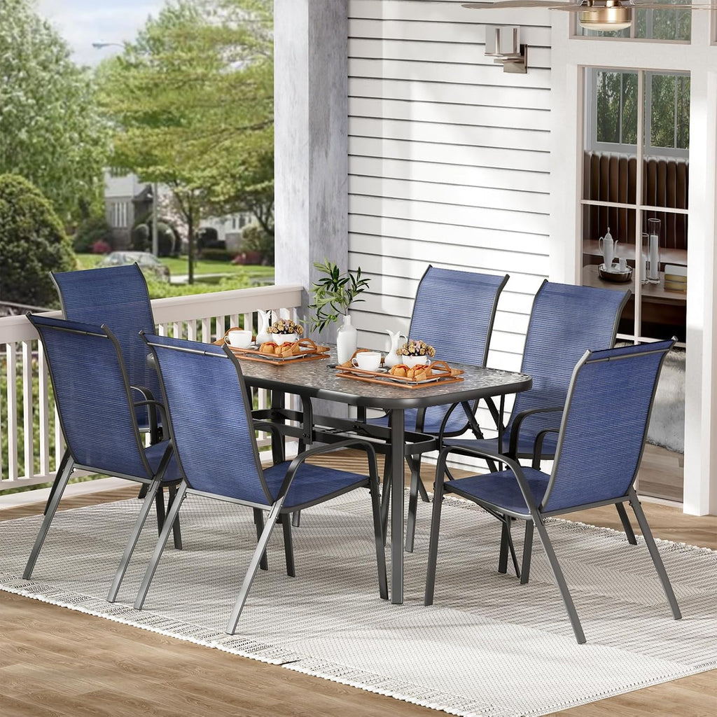 TLSUNNY 7 Pieces Patio Dining Set, Outdoor Table and Chairs W/1.69″ Umbrella Hole, 30'X 55' Table and Stackable Textilene Chair, All Weather Patio Furniture Set (Umbrella not Included) (Navy Blue)