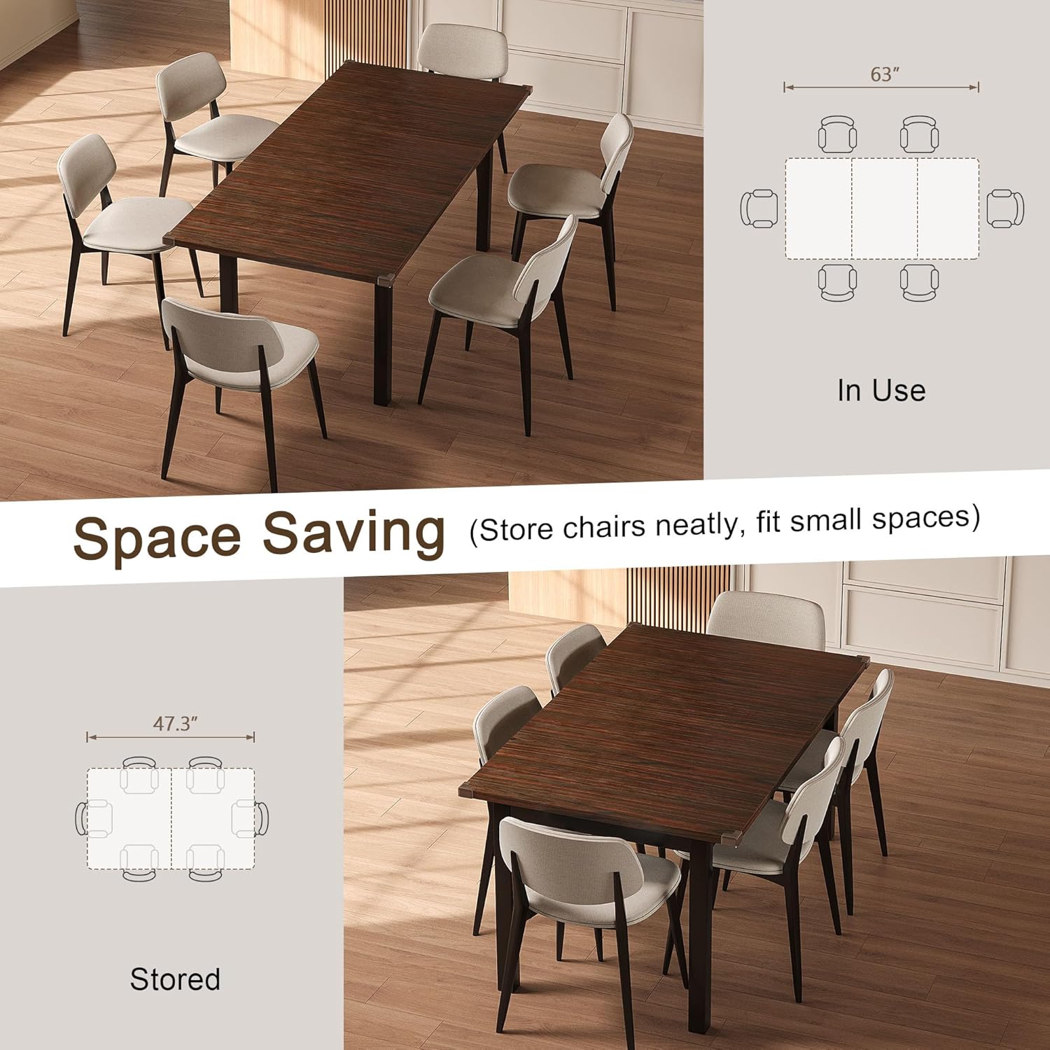 Einhomn Modern Extendable Dining Table for 4-6, 63' Farmhouse Kitchen Table, Rectangular Dining Room Tables for Dining, Kitchen, Office, Living Room, Wooden Tables, Space Saving (Espresso)