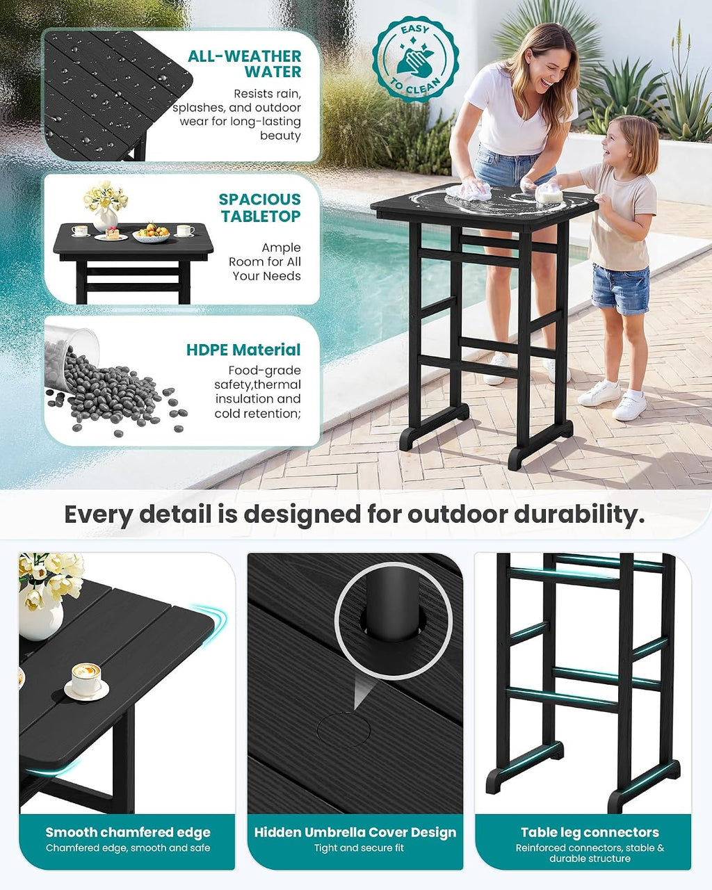 SERWALL 4 Pieces Outdoor Patio Bar Set with 9ft Umbrella, Outdoor HDPE Barstool and Table Furniture Set with Patio Umbrella, Black