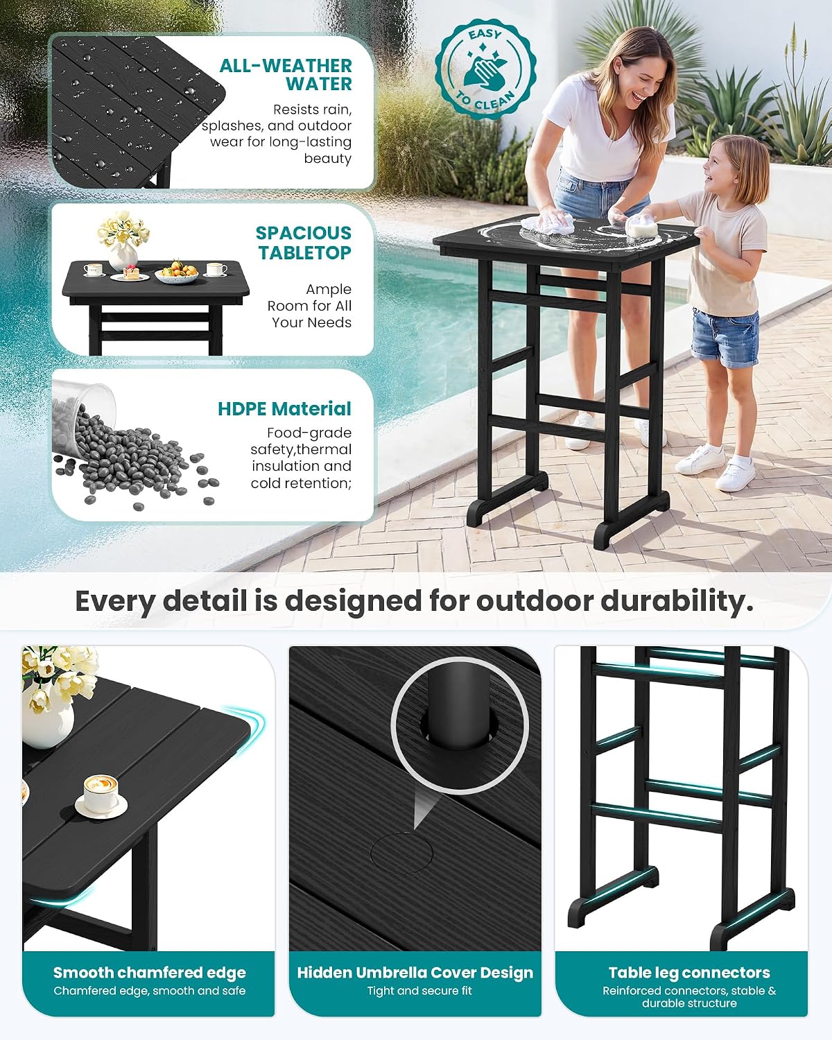 SERWALL 4 Pieces Outdoor Patio Bar Set with 9ft Umbrella, Outdoor HDPE Barstool and Table Furniture Set with Patio Umbrella, Black