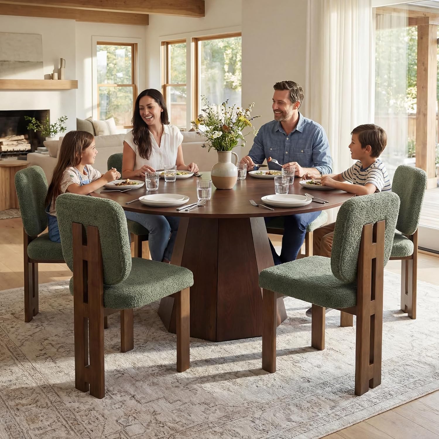 BESTANO 59' Round Dining Table for 4-6 People, Kitchen Dining Room Table with Wooden Pedestal Base, Circle Dinner Pedestal Dining Table for Dining Room (Table Only), Walnut