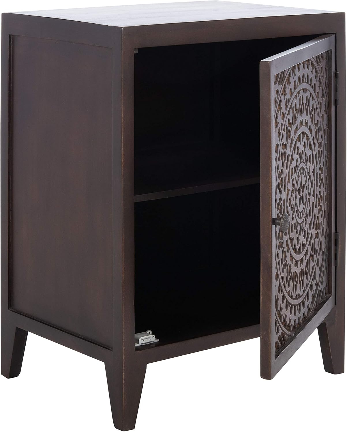 SAFAVIEH Furniture - Thea 1-Door Carved Nightstand - Brown - Mango Wood - Artisan Global Design - Ideal for Bedroom, 20'W x 14'D x 26'H - Fully Assembled (NST5300A)