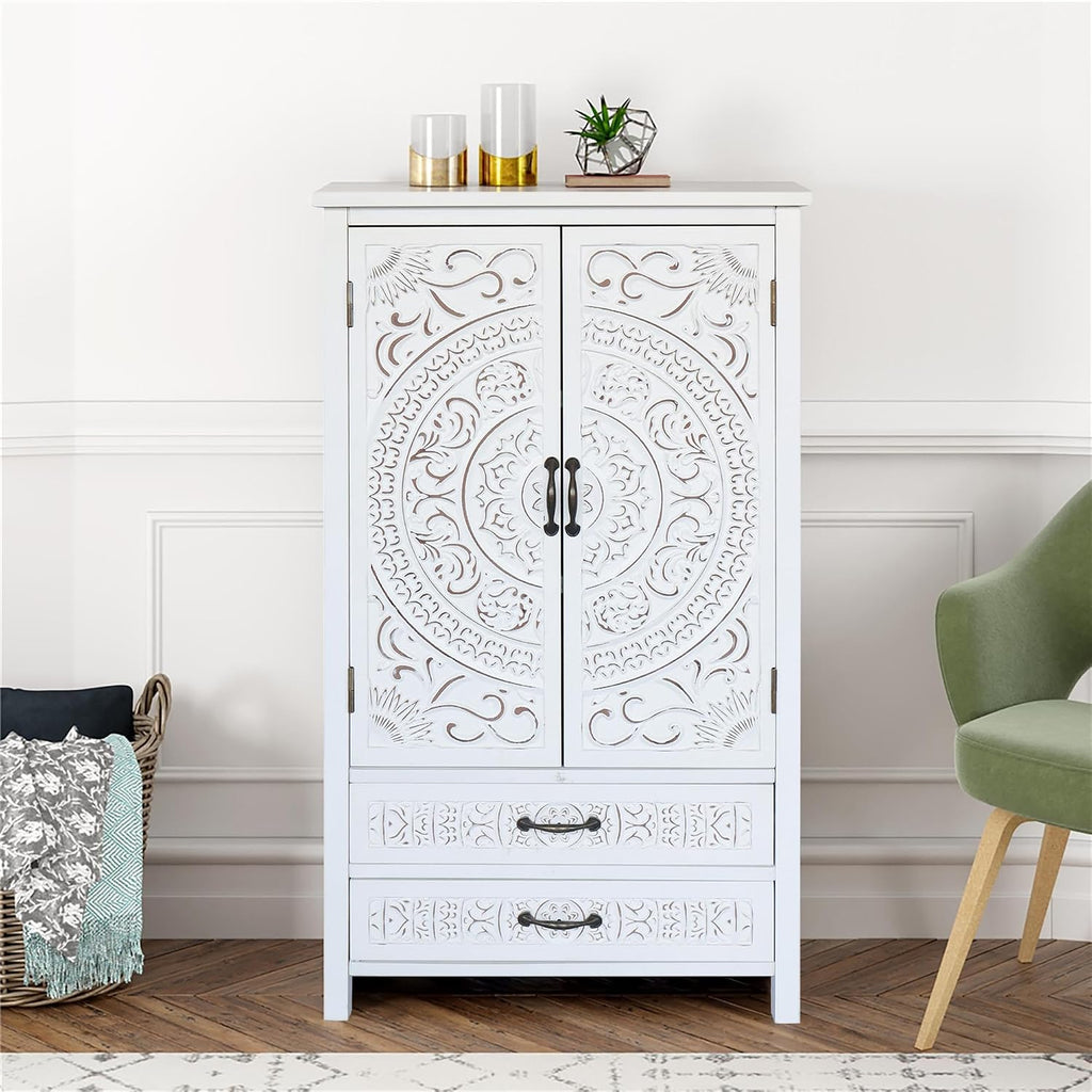 LKTART 48' Tall Vintage Sideboards Carved Wood Buffet Cabinet,Farmhouse Pantry Decorative Cabinet with Carved Doors and Drawers for Home Decor and Finishing Fir Wood