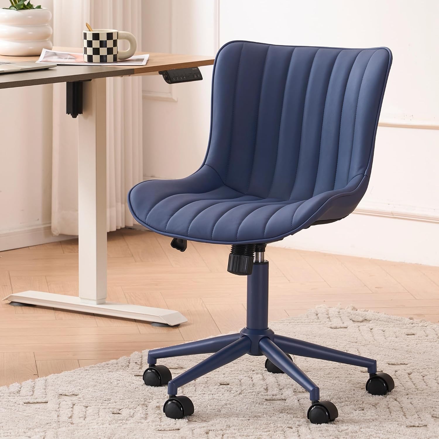 YOUNIKE Office Desk Chair with Wheels Armless Vanity Chair with Back Comfy Leather Upholstered Rolling Task Chair Swivel Small Cute Sewing Chair No Arms Wide Ergonomic Mid-Century Modern Navy Blue