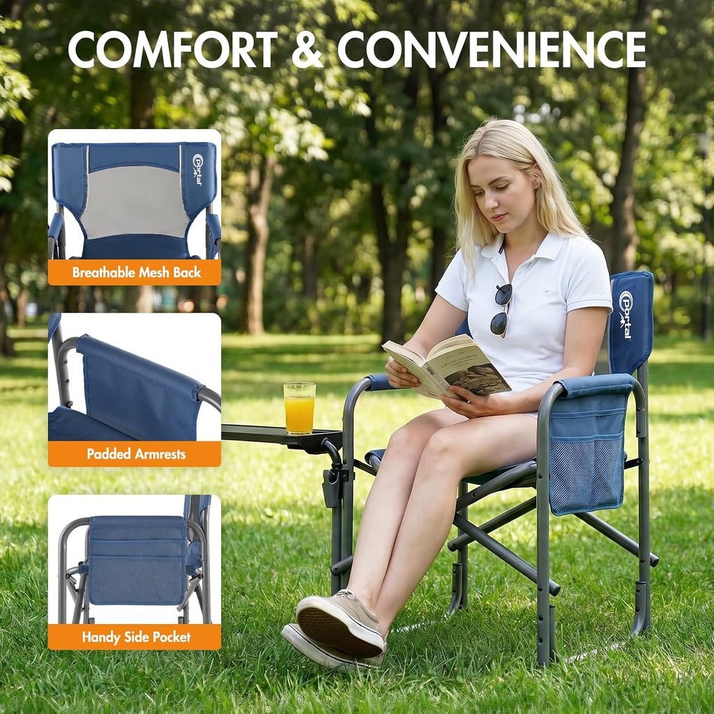 Portal Folding Director Chair with 2-Way Rotating Side Table, Heavy Duty 300 lb Camping Chair with Swivel Tray & Cup Holder, Ergonomic Mesh Back Portable Outdoor Seat for RV, Tailgating & Lawn, Blue