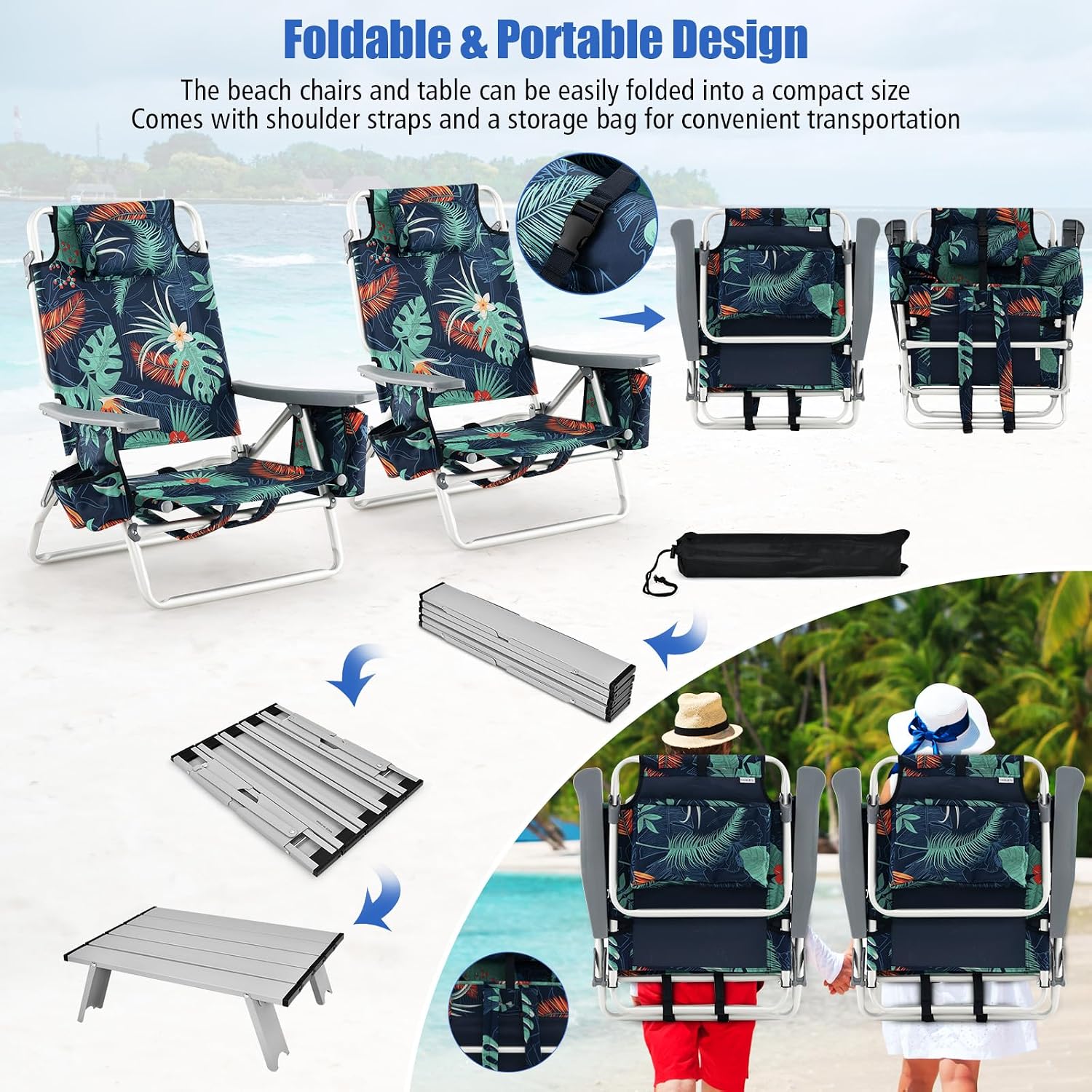 Tangkula Backpack Beach Chair with Table, 5-Position Lay Flat Chairs with Cooler Bag, 2 Cup Holders, Towel Bar, Lightweight Low Folding Chair with Backpack Straps