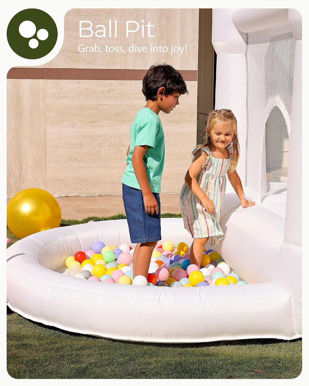 Outfunny White Bounce House with Slide, Indoor Bouncy House for Kids 3-8 w/Ball Pit, Bounce Area 6.5'x6.5', Capacity 300 lb