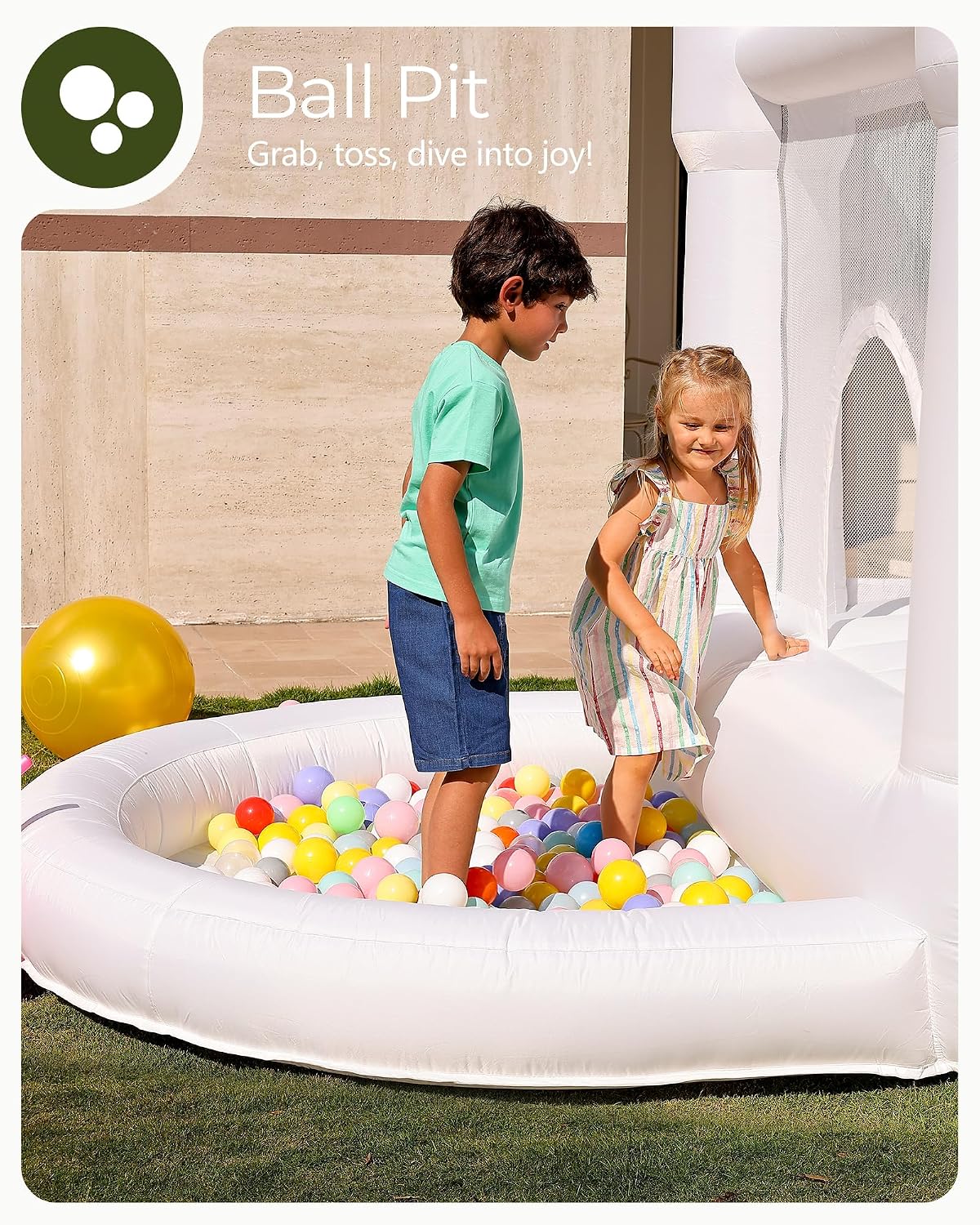 Outfunny White Bounce House with Slide, Indoor Bouncy House for Kids 3-8 w/Ball Pit, Bounce Area 6.5'x6.5', Capacity 300 lb