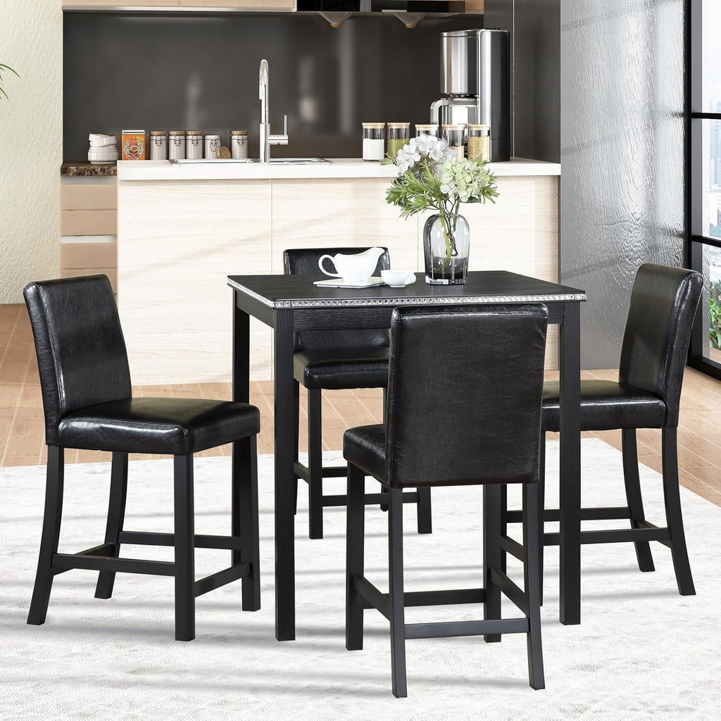 KEIKI 5-Piece Counter Height Dining Table Set with Square Table and 4 Upholstered Chair, for 4 Person, Classic Style Crystal Decoration Wooden Table Set, Easy Assembly, for Kitchen, Dining Room, Black