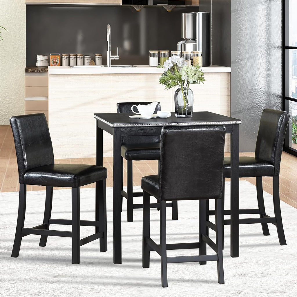 LUMISOL Dining Table Set for 4, 5-Piece Solid Wood Counter Height Kitchen Table Set with 4 Upholstered Chairs for Kitchen, Dining Room, Home Bar, Black