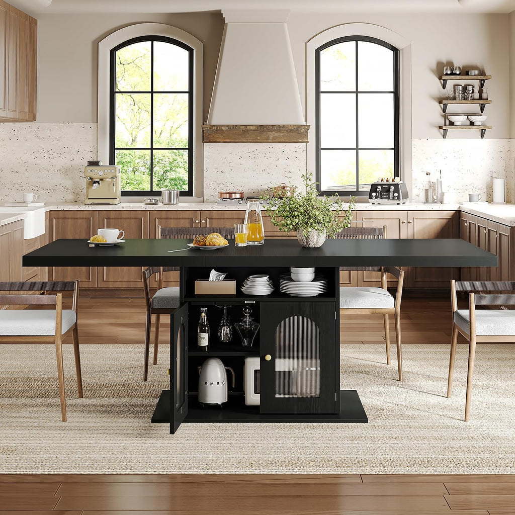 HSH Black Dining Table for 4 to 6, Modern Kitchen Dining Room Table with 3-Tier Storage Shelf and Acrylic Door Cabinet, Rectangular Wooden Dinner Tables for Home Kitchen Living Room, Black Oak，63 in