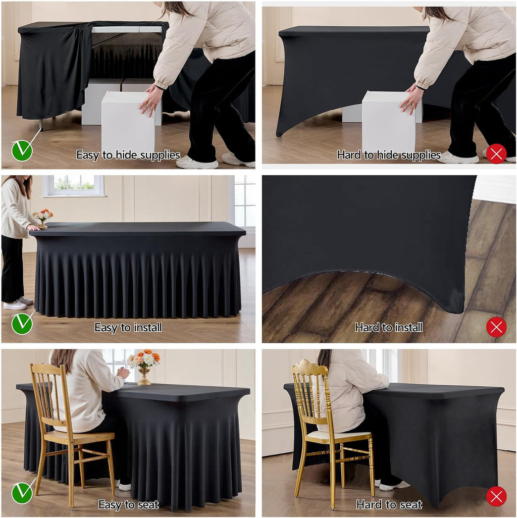 leegleri 6 Pack Black Spandex Tablecloths for 8 Foot Rectangle Tables, Wrinkle Free Fitted Table Cloths 8ft Stretchy Table Cloth Cover with Skirt for Parties Weddings Birthday Banquet Baby Shower
