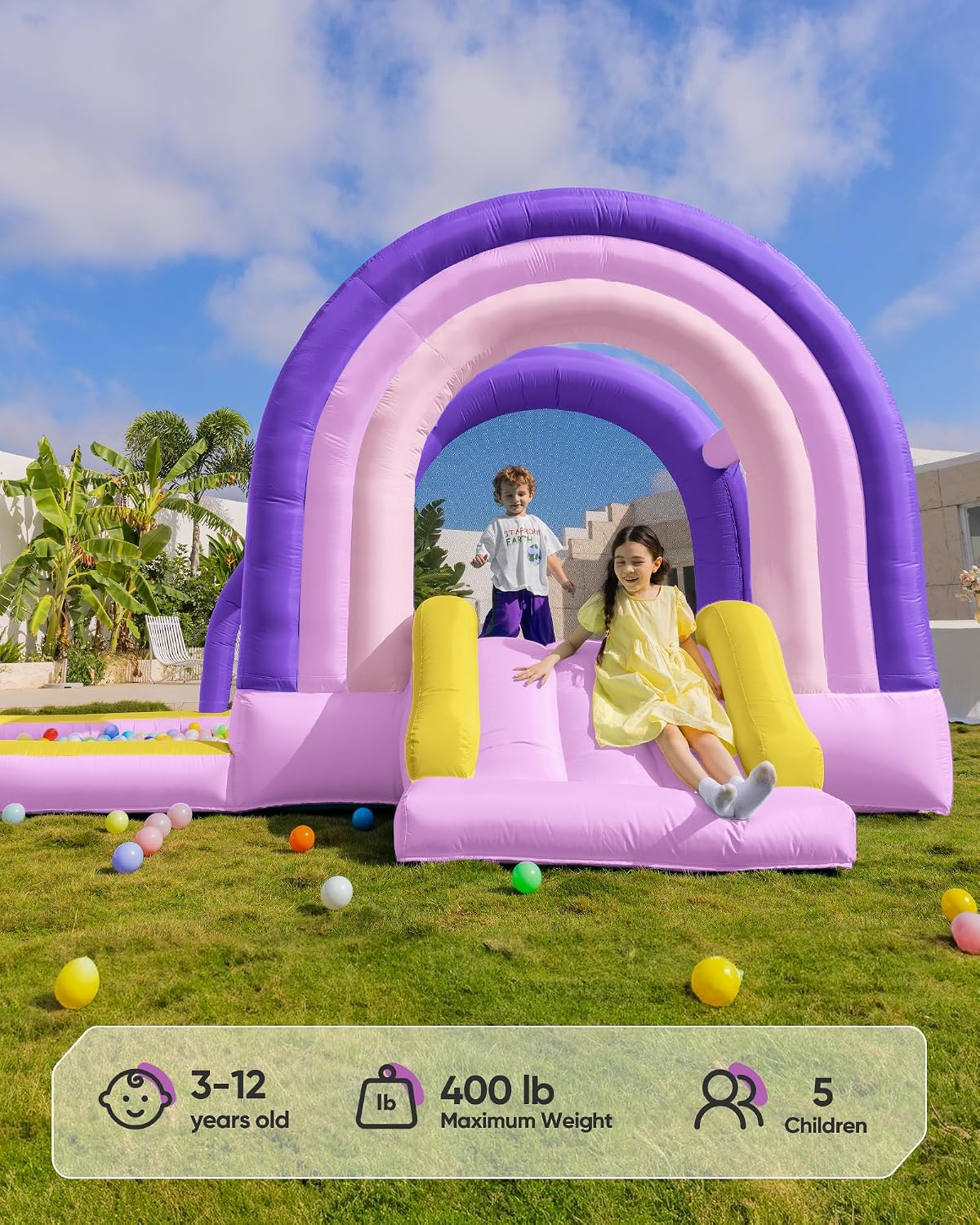 Outfunny Bounce House with Slide, Inflatable Bouncy House for Kids 3-12 w/Ball Pit, Outdoor & Indoor, Bounce Area 8'x8', Capacity 400 lb - Purple